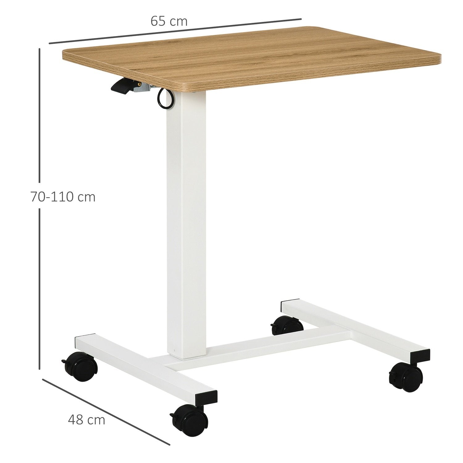 Ståbord Höj- Och Sänkbart Med Hjul, C-Format, Platsbesparande, Laptopbord, Natur + Vit, 70-110 Cm, Upp Till 70 Kg