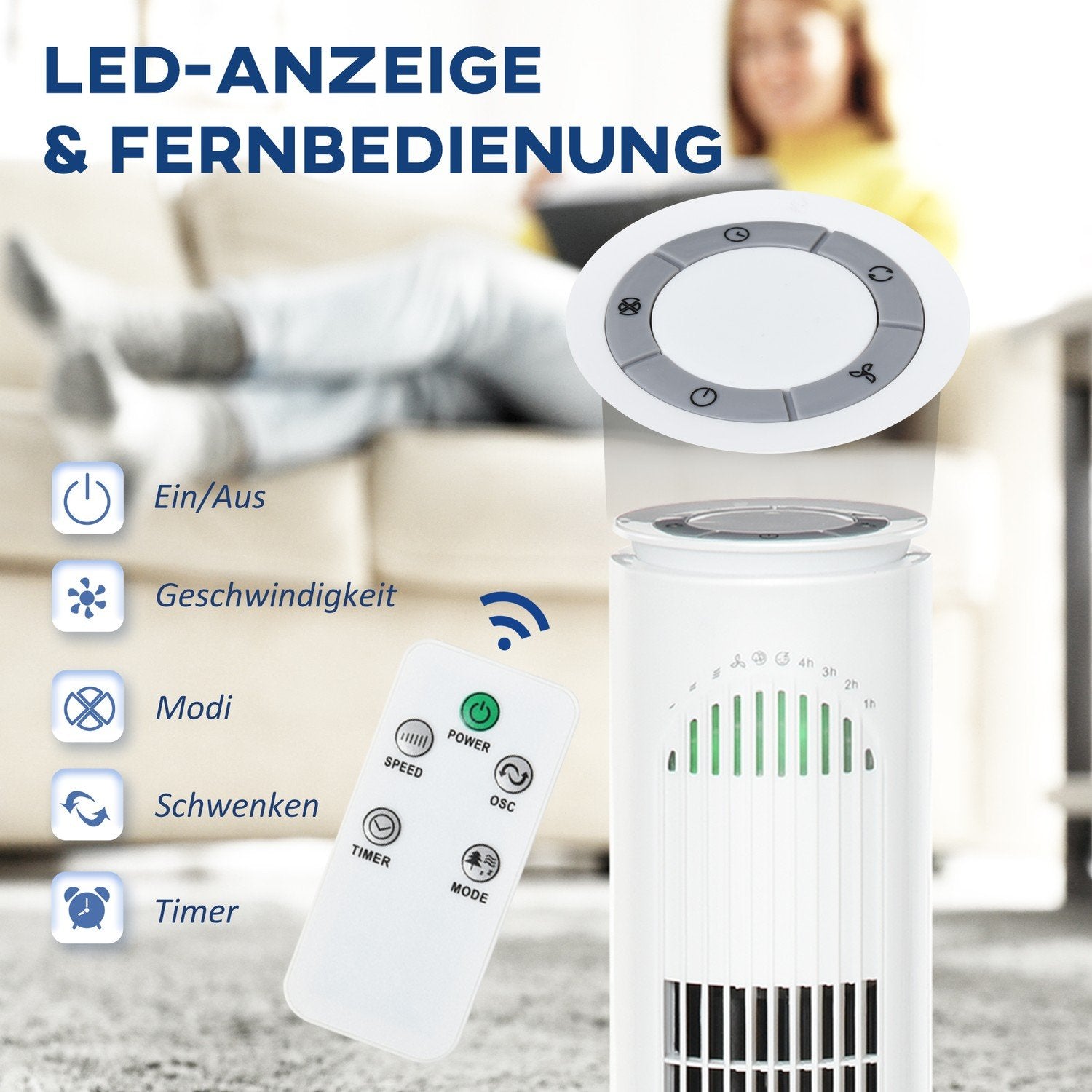 Tårnventilator 70° Oscillation, 77Cm, 45W, 3 Modes &amp; Speeds, Abs-Plastic, White