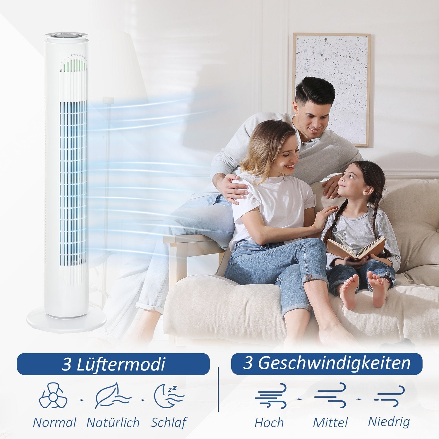 Tårnventilator 70° Oscillation, 77Cm, 45W, 3 Modes &amp; Speeds, Abs-Plastic, White