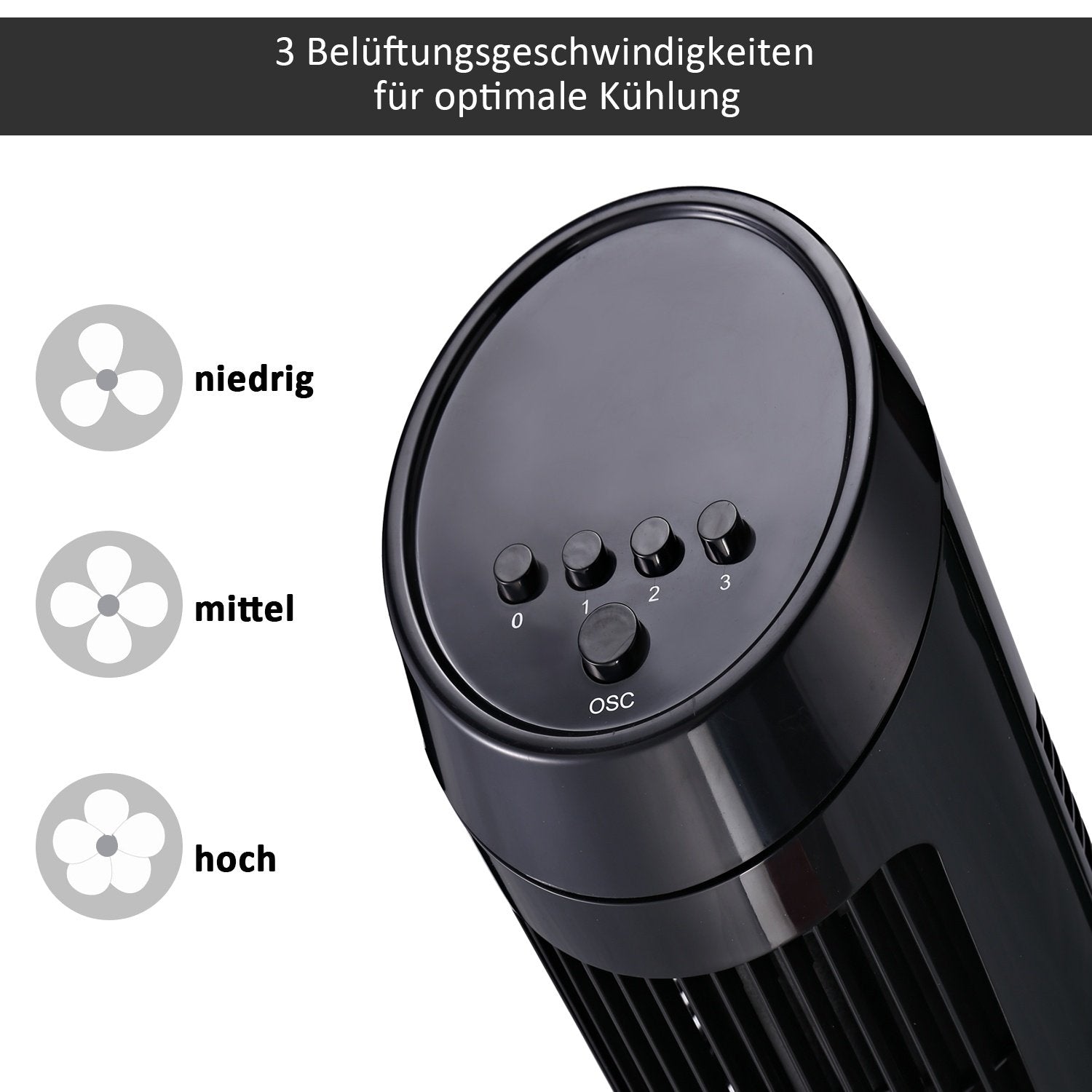 Tower Fan Piedestal Ventilator med 3 ventilationsniveauer, 70° oscillation, 45 W, Abs, Sort, Ø27 X H75 Cm