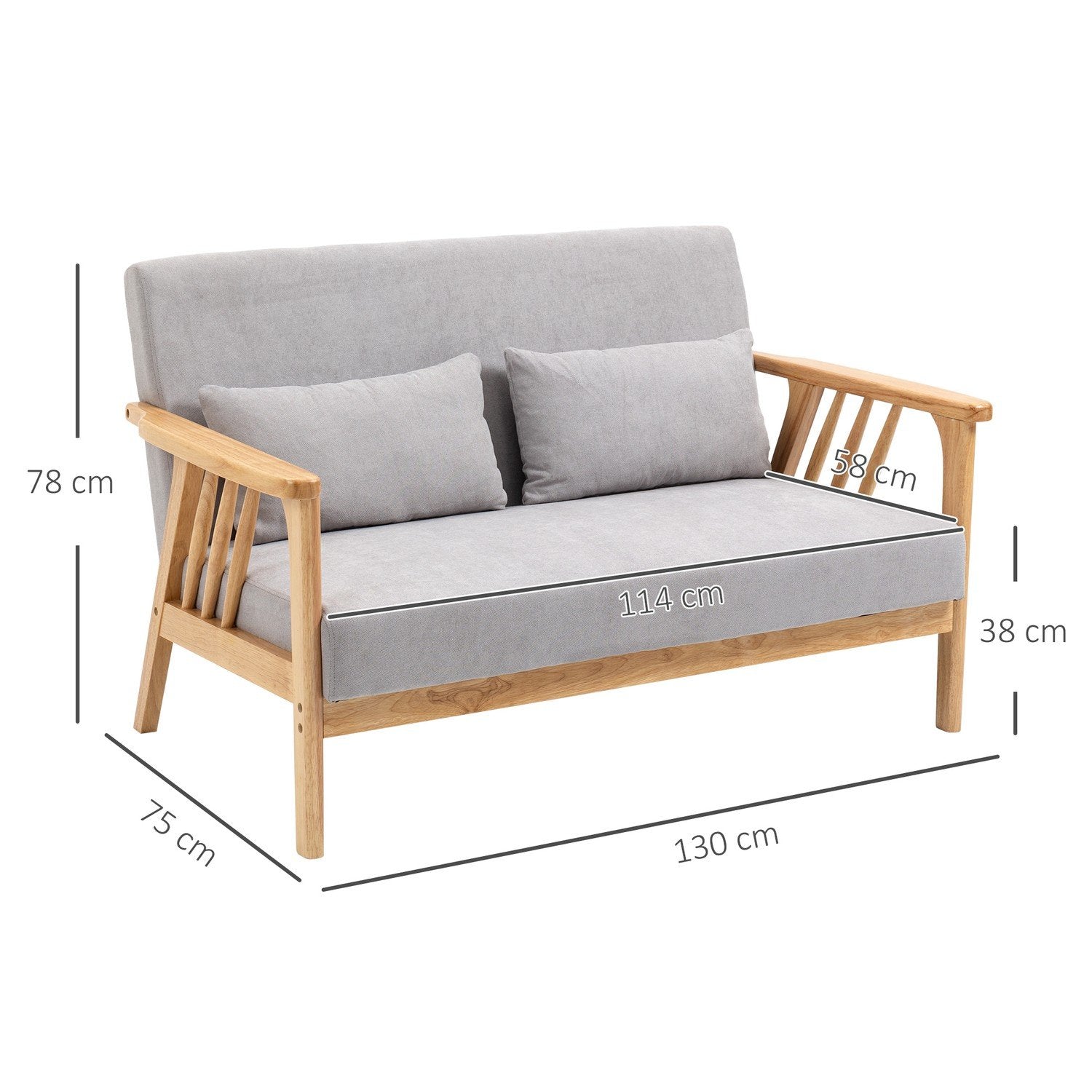 Tvåsitssoffa, Dubbelsoffa Med Armstöd, Loveseat Med Sammetslook, Kudde, Stoppad Soffa, Bärförmåga Upp Till 200 Kg, Grå, 130 X 75 X 78 Cm