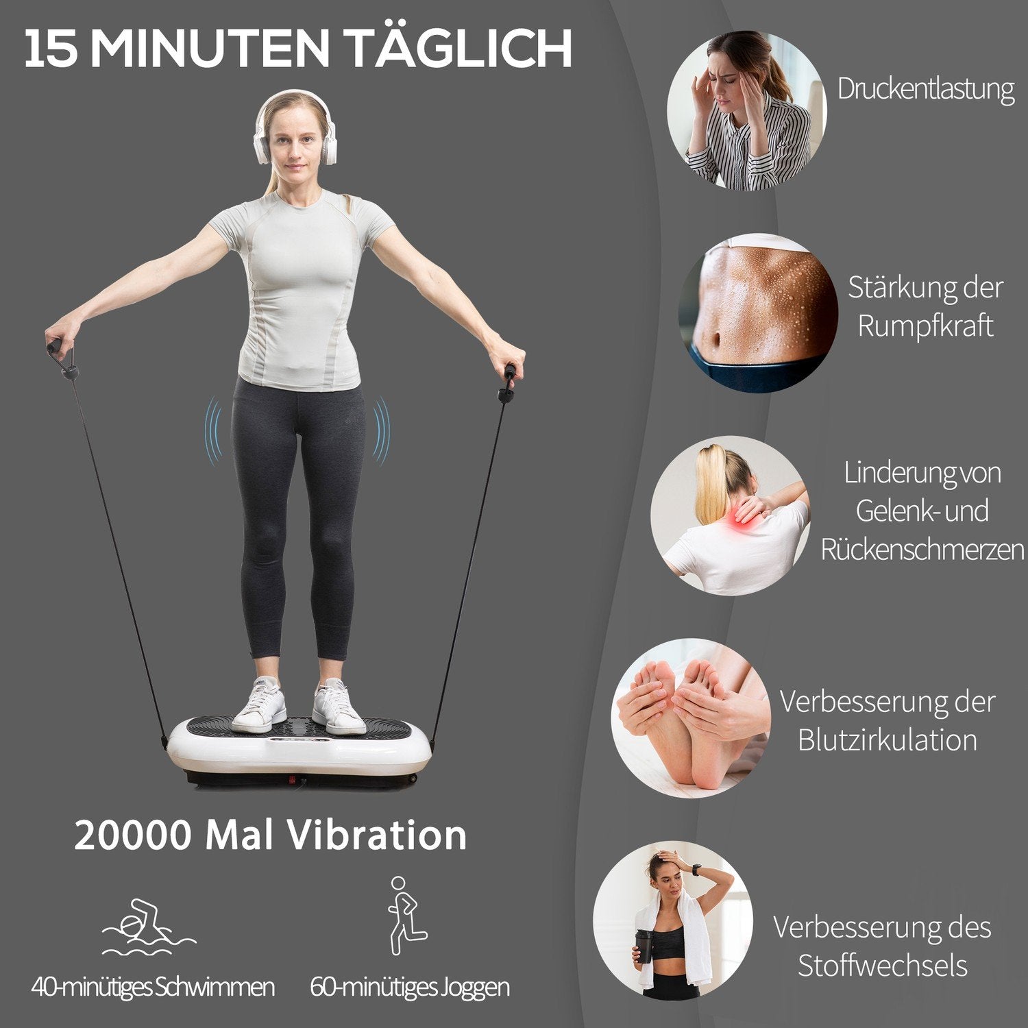 Vibrationsplade fitnessenhed med 2 fitnessbånd, 99 vibrationsniveauer, op til 120 kg, til helkropstræning, 200W