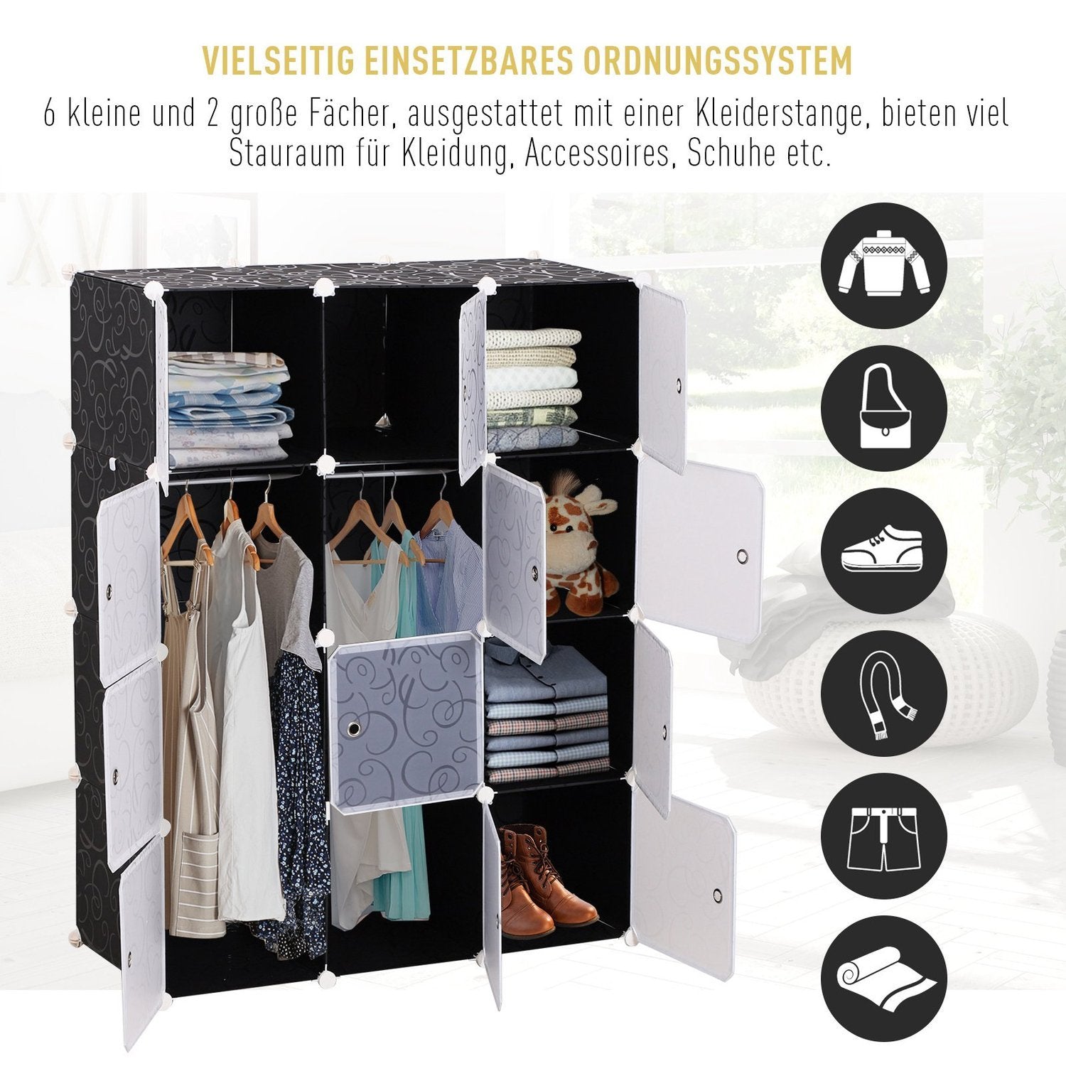 Garderobe gør-det-selv garderobehyldesystem Indstikshylde, terninggarderobe med tøjstang, Pp, sort + hvid