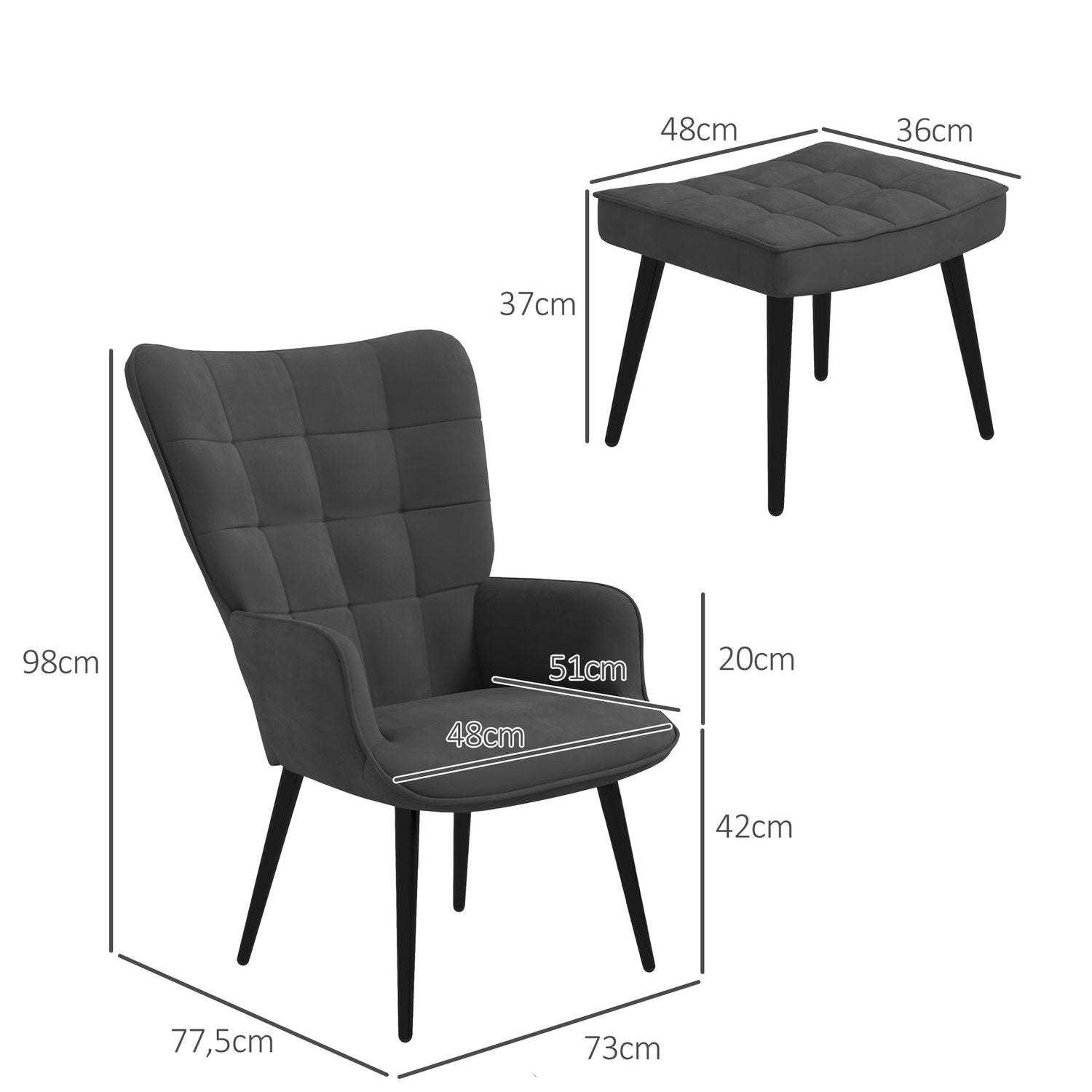 Vingestol med skammel, lænestol, afslapningsstol, polstret stol med fløjlslook op til 120 kg, til stuen, mørkegrå