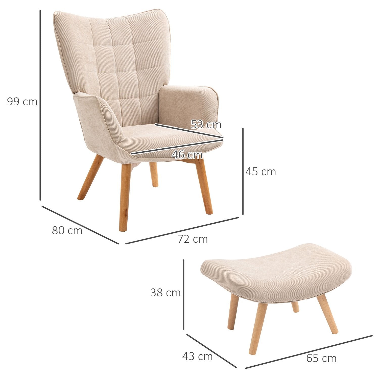 Vingestol med skammel, lænestol, polstret Manchester Look-stol, lænestol, lænestol med træben, tv-stol til stuen, beige