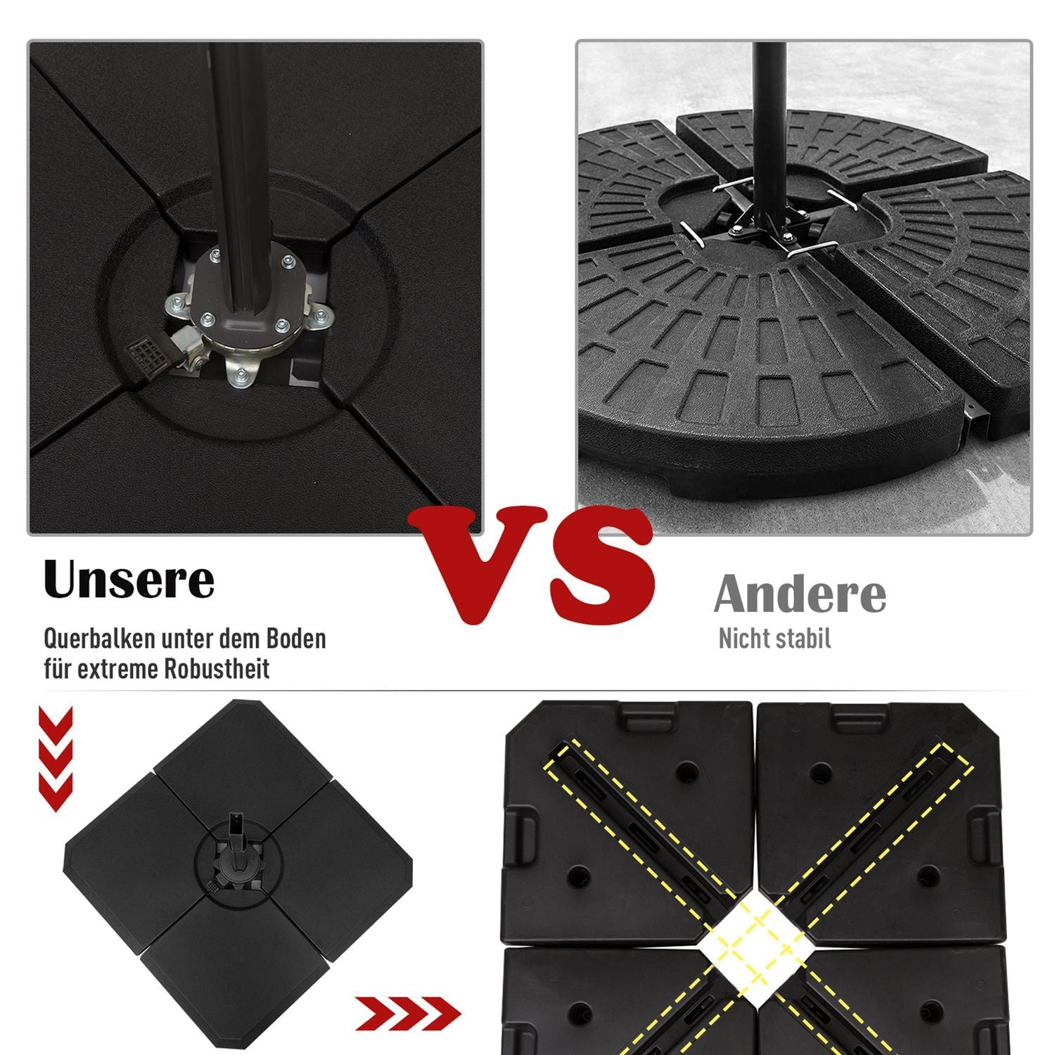 Paraplyvægt, 4 stk. Paraplystativ, kan fyldes med 80 kg vand eller 120 kg sand, Hdpe, sort, 100 x 100 x 9,5 cm