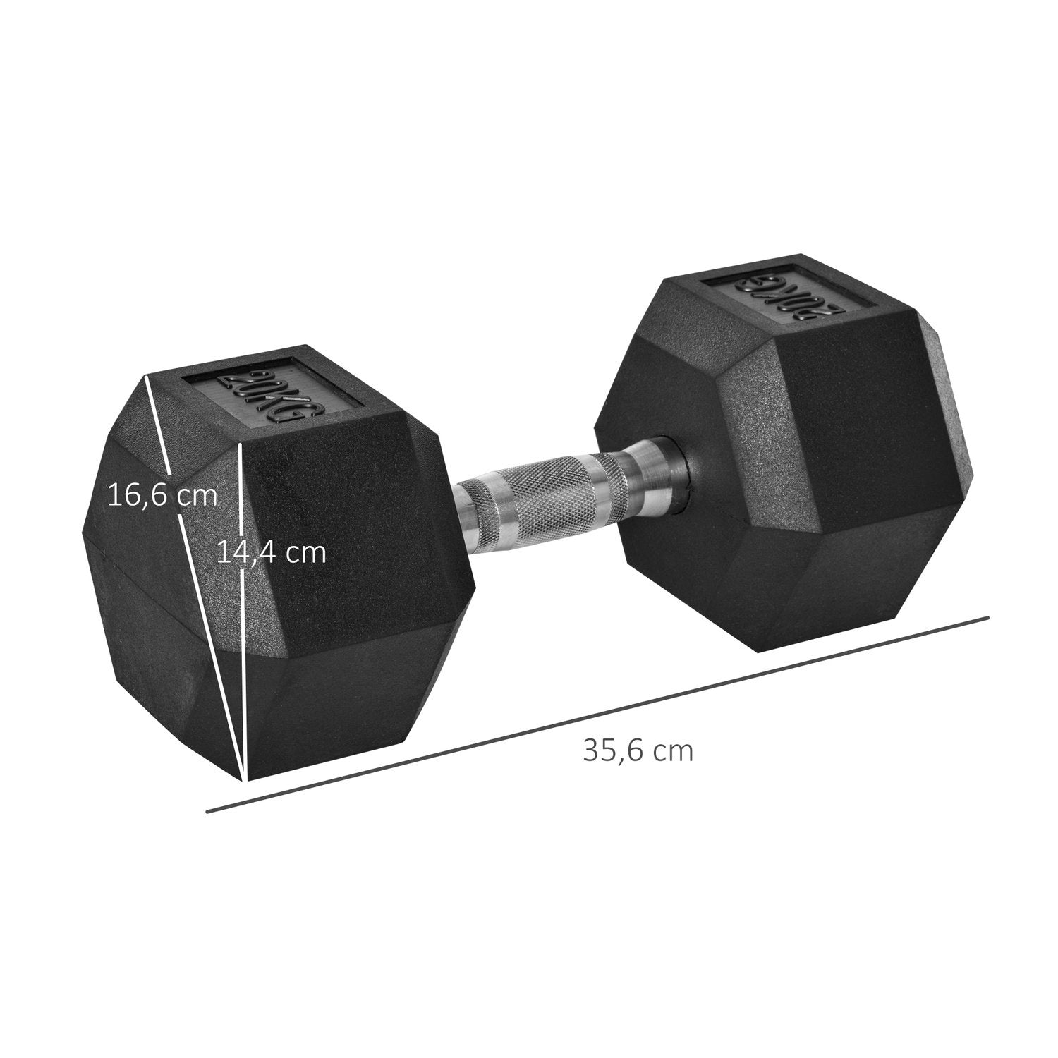 Hexagon Dumbbell, 20 Kg, Støbejern Med Gummibetræk, Sort