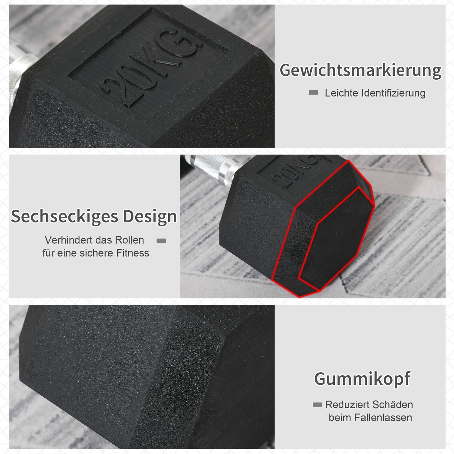 Hexagon Dumbbell, 20 Kg, Støbejern Med Gummibetræk, Sort