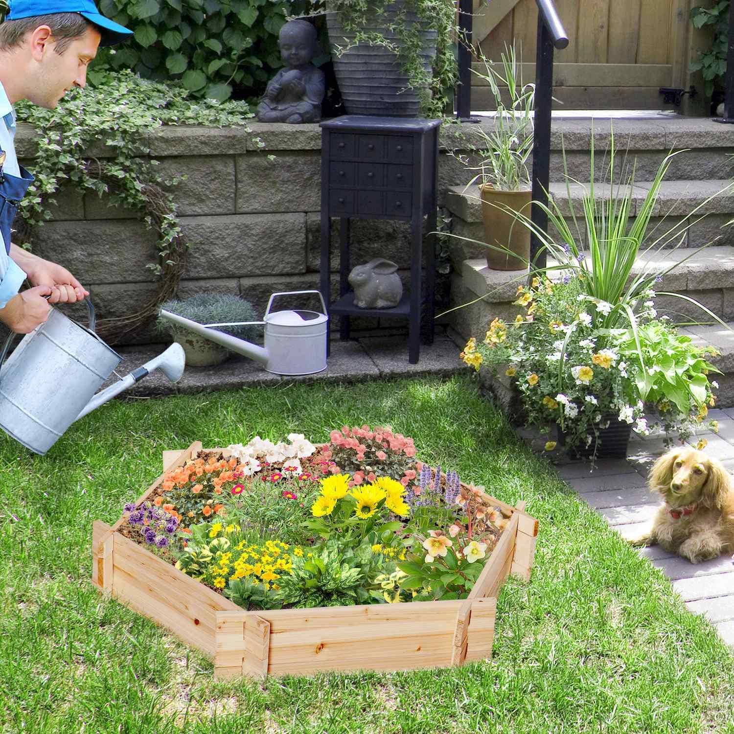 Højbed Hexagon DIY Plantepotte Plantekasse i træ til havebalkon Naturlig 100 X 92 X 16 Cm