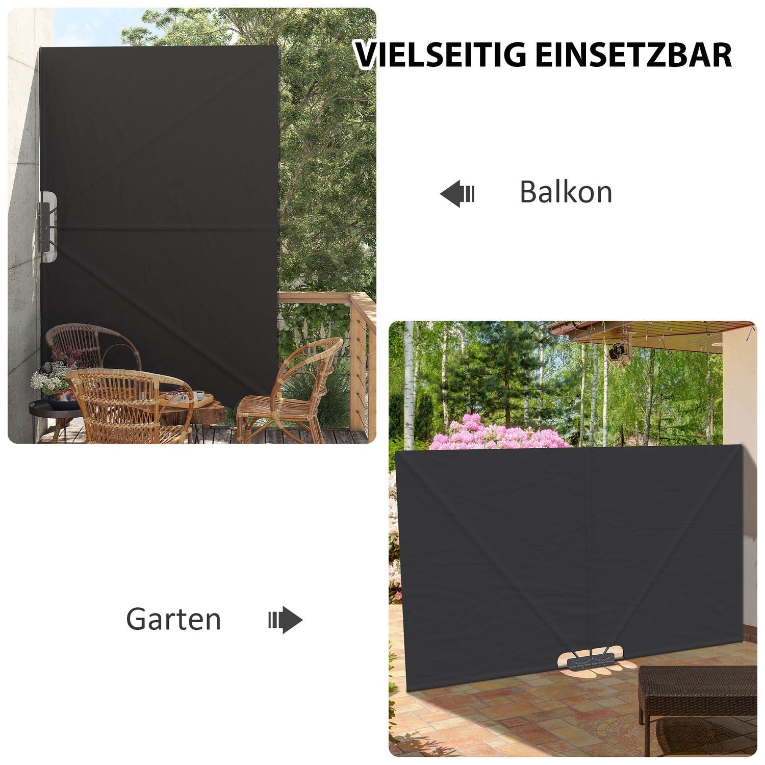 Sammenfoldelig sidemarkise, 237 X 160 cm havemarkise, privatlivsbeskyttelse med UV-beskyttelse, vindbeskyttelse med stålramme, til altan, terrasse, polyester, mørkegrå