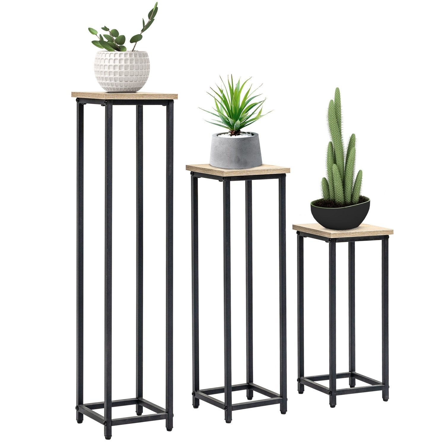 Plant Stand Set 3-Delad Blomsterpall & Blomkrukhållare Gjord Av Stål, Svart + Naturlig