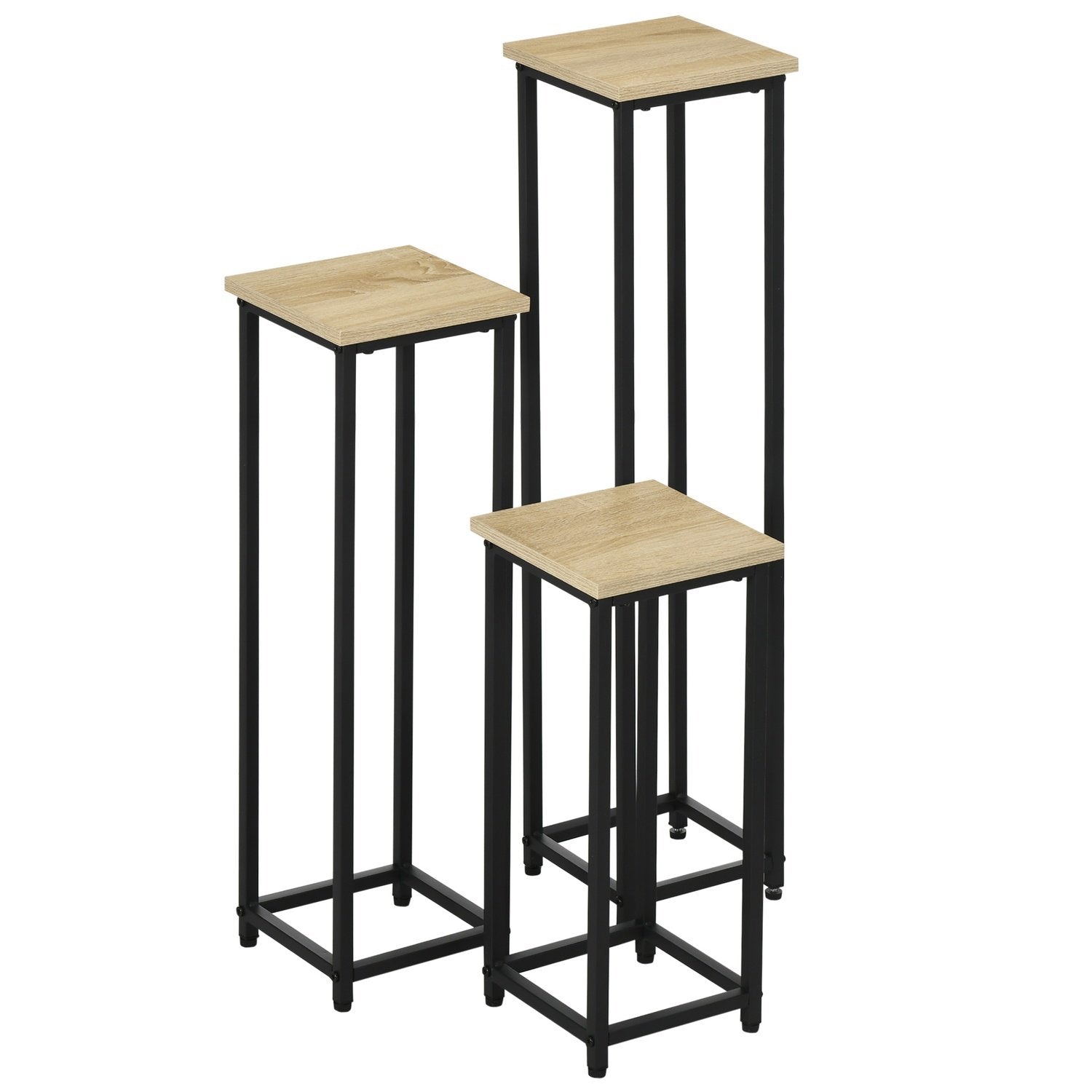 Plant Stand Set 3-Delad Blomsterpall & Blomkrukhållare Gjord Av Stål, Svart + Naturlig