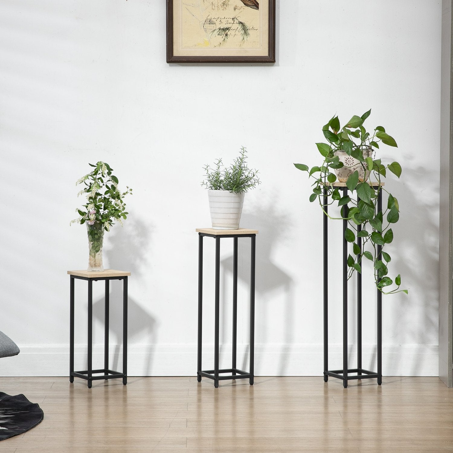 Plant Stand Set 3-Delad Blomsterpall & Blomkrukhållare Gjord Av Stål, Svart + Naturlig