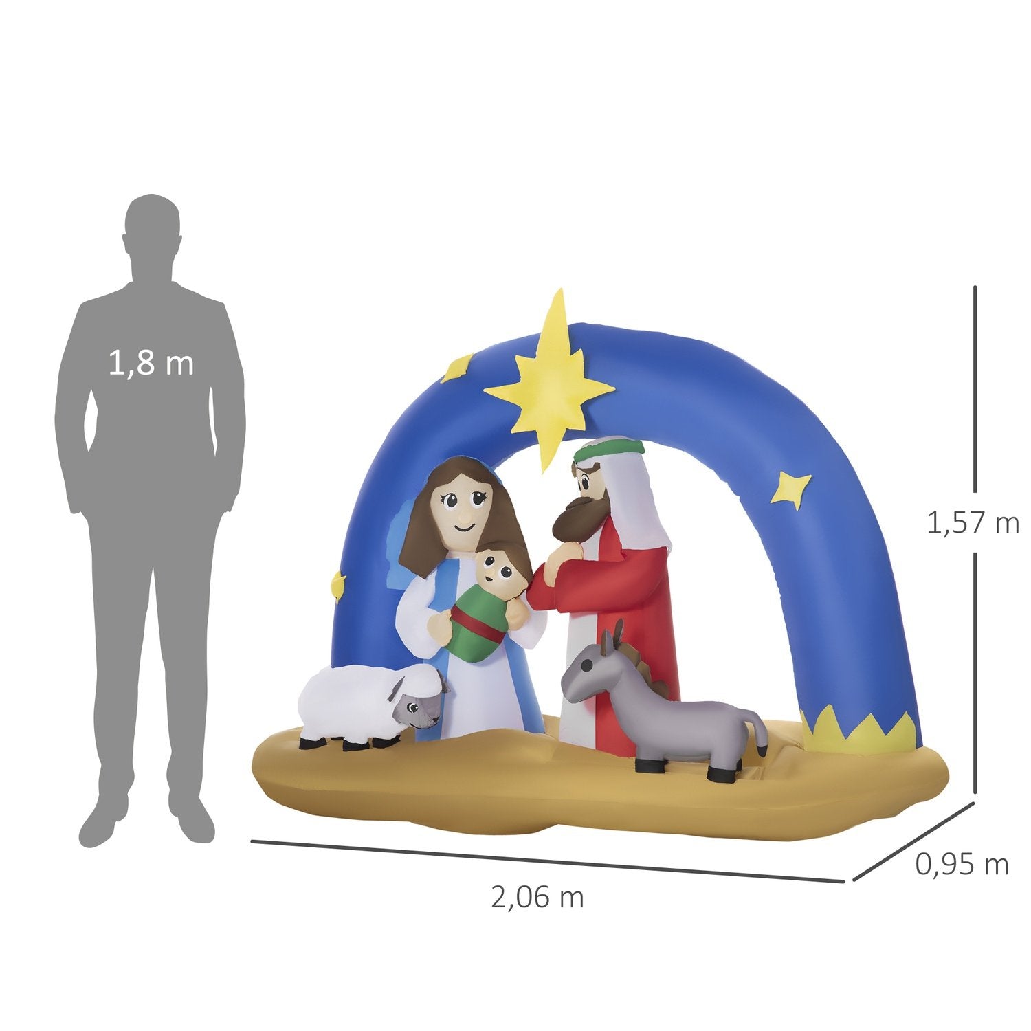 Oppustelig juledekoration Bibelbue af Jesu fødsel 1,57 M Krybbe med bue og led Vandtæt Blå + Brun 206X95X157 Cm