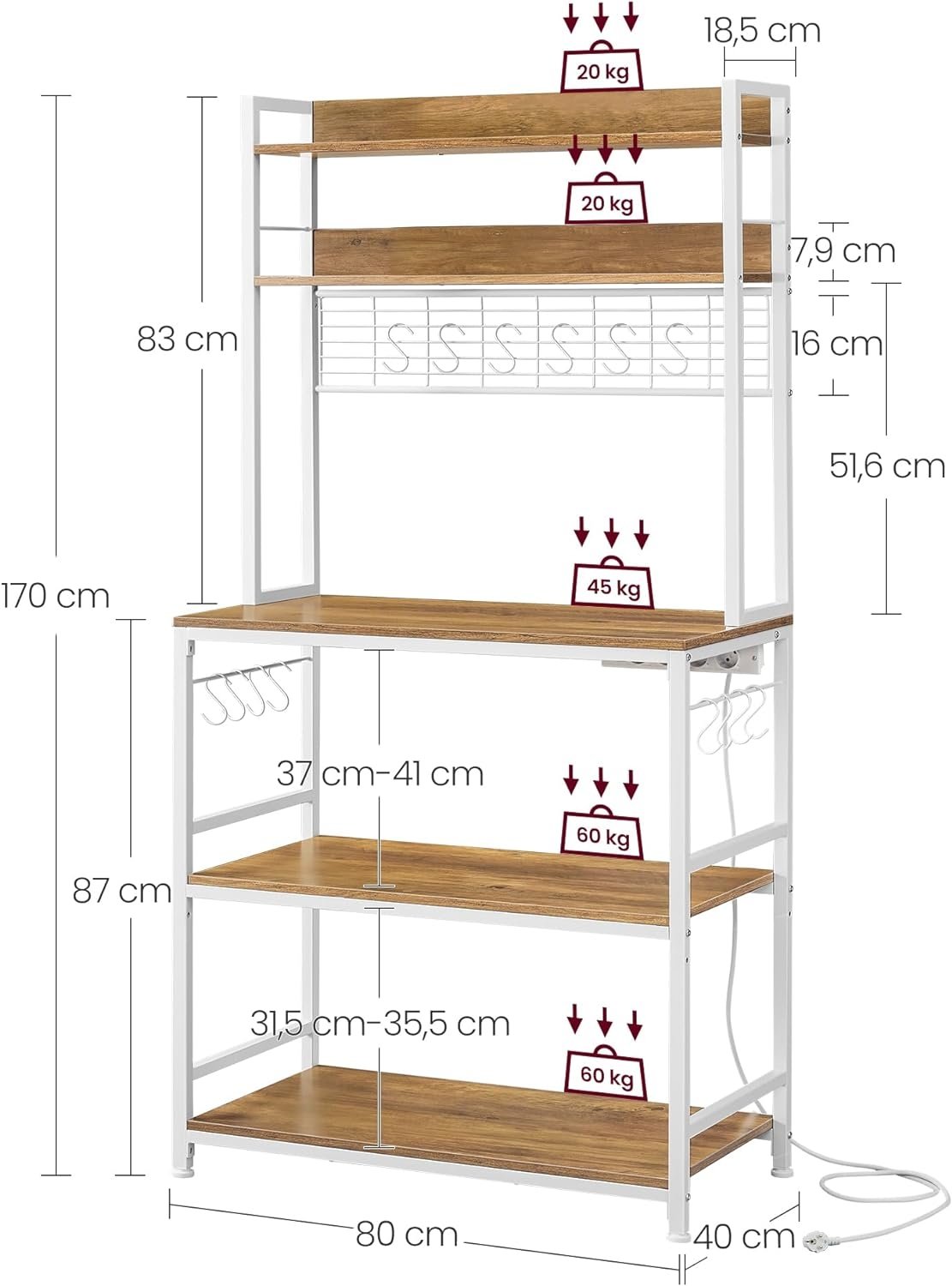 Justerbar kökshylla med Power Strip & Krokar