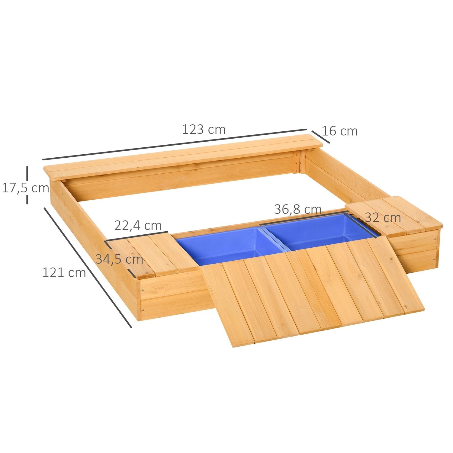 Sandkasse Støvtæt trætag 2 opbevaringskasser 3-6 år 125X121X17,5cm