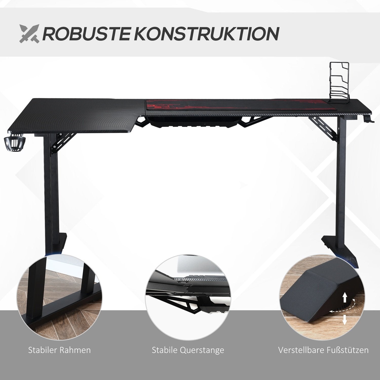 L-format spillebord med krog til hovedtelefoner, kopholder, Mdf metal, sort+rød, 168X109X78Cm