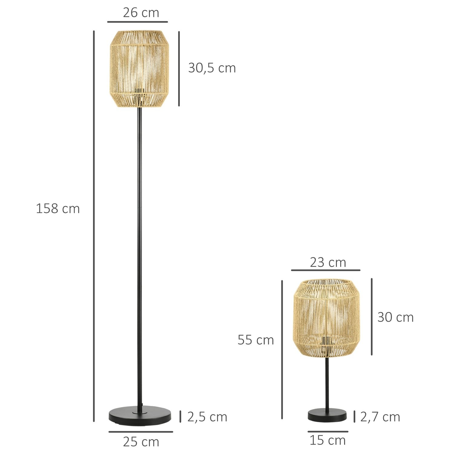 Lampesæt af 2 med gulv- og bordlampe, E27 sokkel, linned lampeskærm, til stuen, naturlig