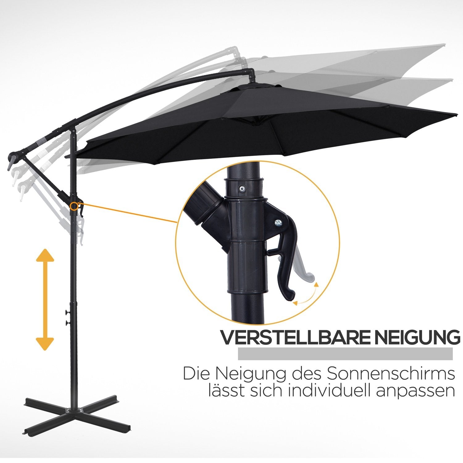 Parasol Cantilever Parasol med håndsving, stålramme &amp; polyesterstof, sort, Ø3X2,5M