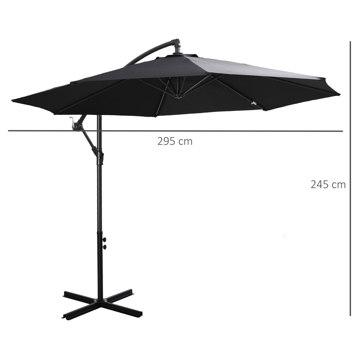 Parasol Cantilever Parasol med håndsving, stålramme &amp; polyesterstof, sort, Ø3X2,5M