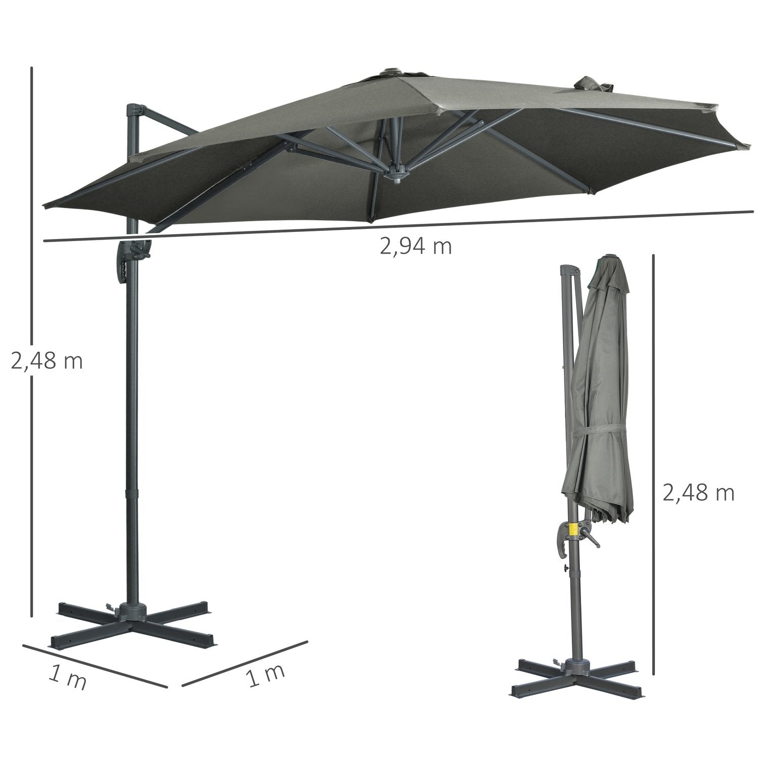 Parasol 294X294Cm Roterende Cantilever paraply med paraplystativ, håndsving, aluminium, til have/altan, grå