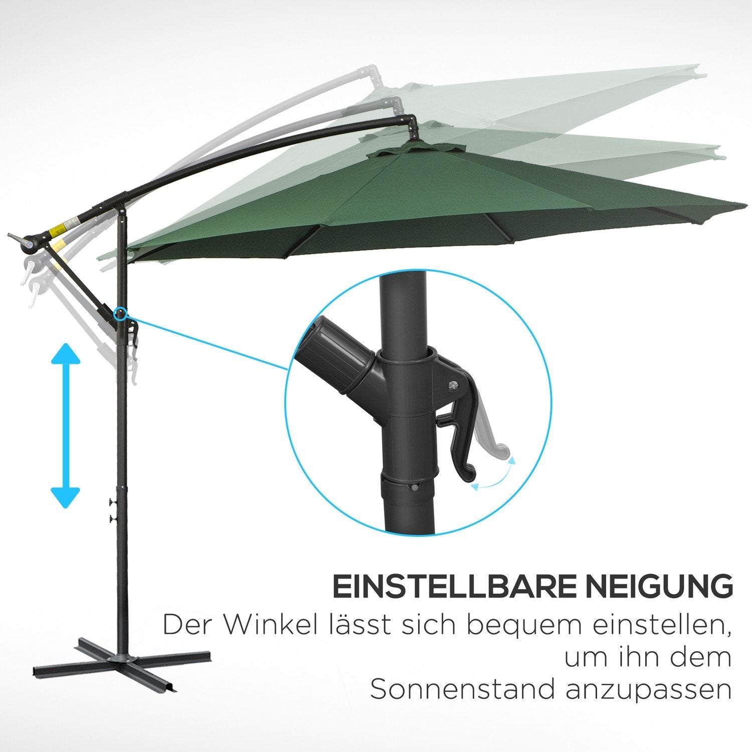 Parasol Cantilever Parasol med håndsving, stålramme &amp; polyesterstof, grøn, Ø2,95X2,45M