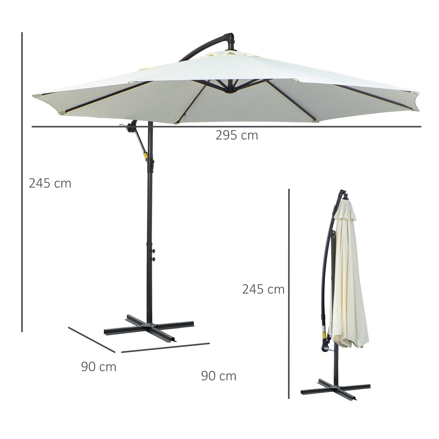 Parasol Cantilever Parasol med håndsving, stålramme &amp; polyesterstof, creme, Ø3X2,5M