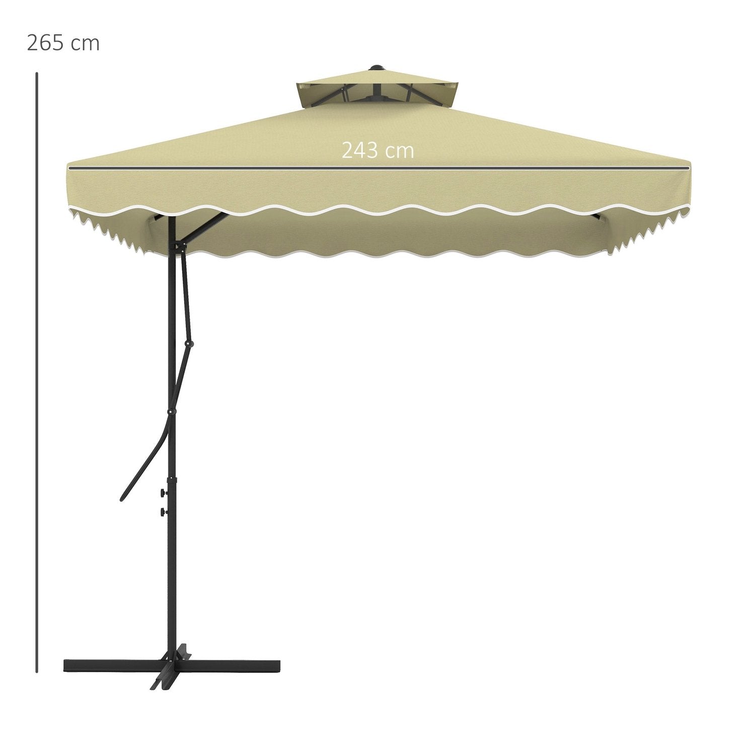 Parasol 243X243Cm Balkonparaply med UV-beskyttelse, udkraget paraply med dobbelttag og krydsbund, flæser, 4 stivere, metal