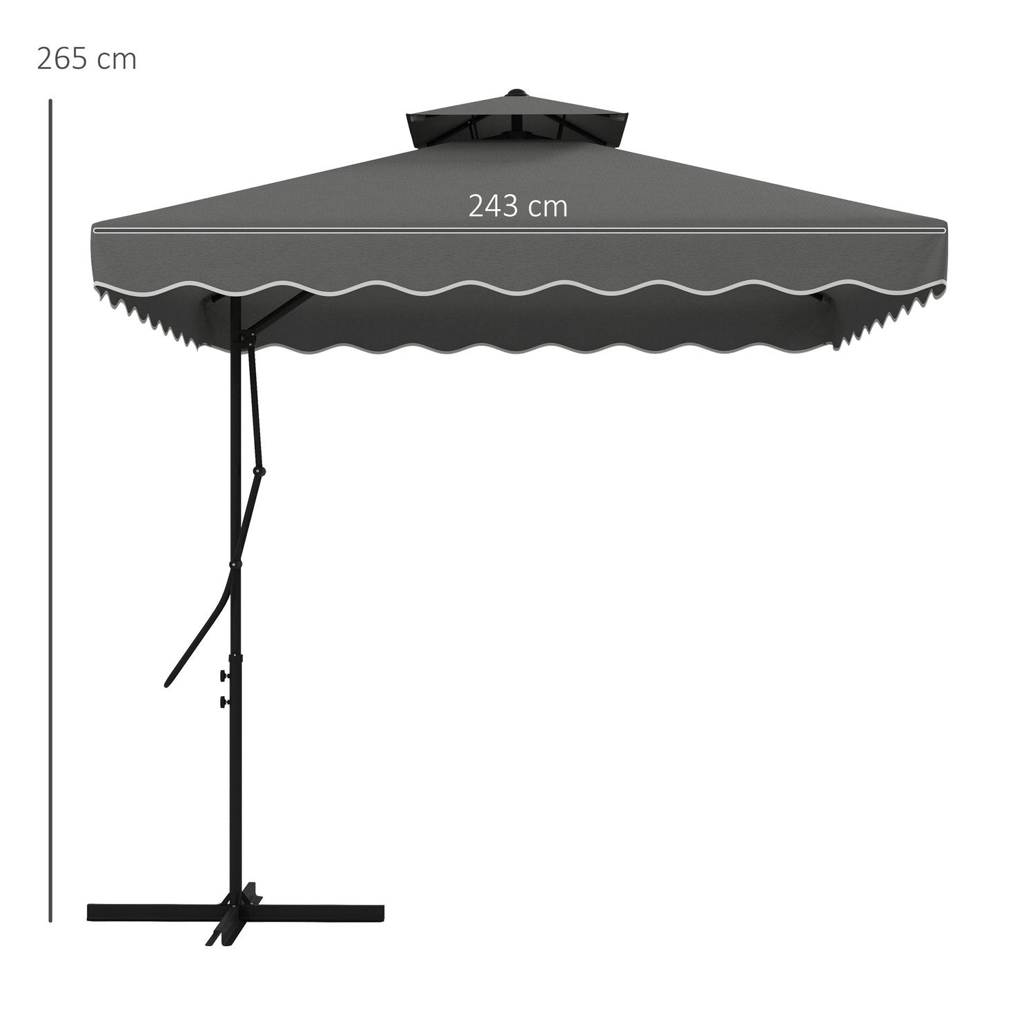 Parasol 243X243Cm Balkonparaply med UV-beskyttelse, udkraget paraply med dobbelttag og krydsbund, flæser, 4 stivere, mørkegrå