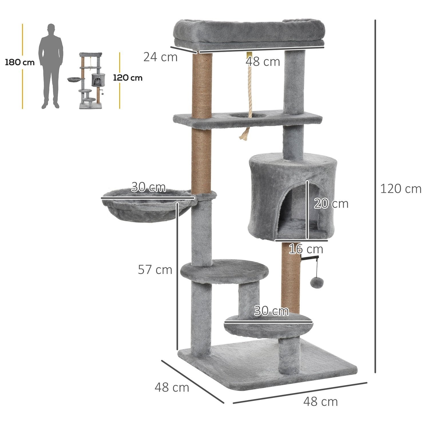 Kattekradsestolpe 120 cm med kurv, kattehule, legebold, indendørs klatretårn, jutestamme, lysegrå, op til 5 kg