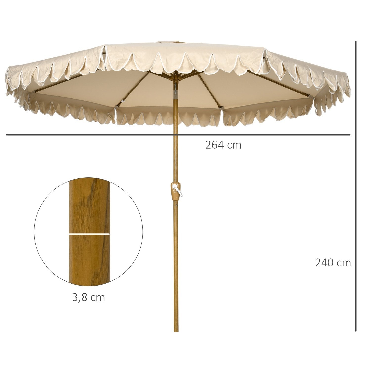 Parasol Diameter 265 Cm Strandparasol Med Frynser Gårdhave Parasol Med Justerbar Tilt 8 Støtter Til Havebalkon Khaki