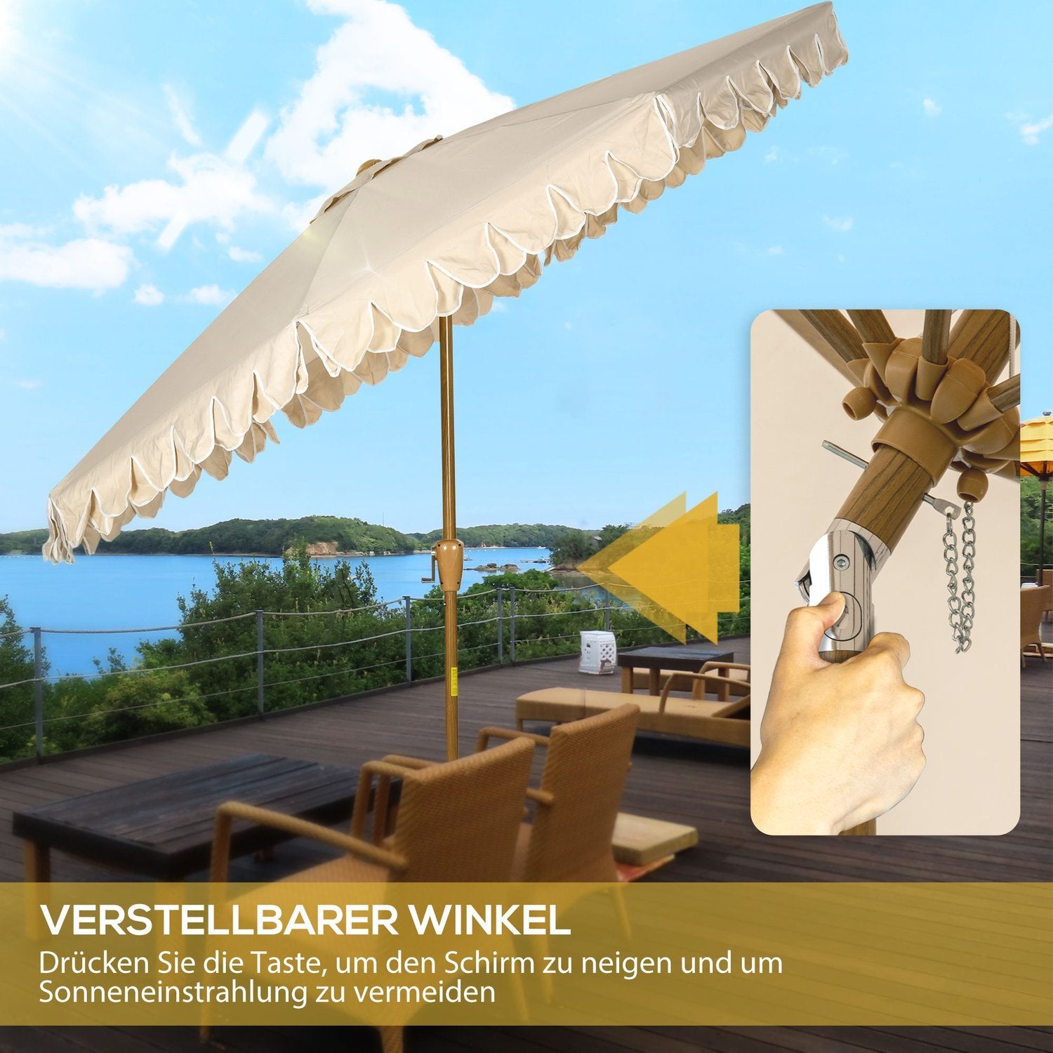 Parasol Diameter 265 Cm Strandparasol Med Frynser Gårdhave Parasol Med Justerbar Tilt 8 Støtter Til Havebalkon Khaki