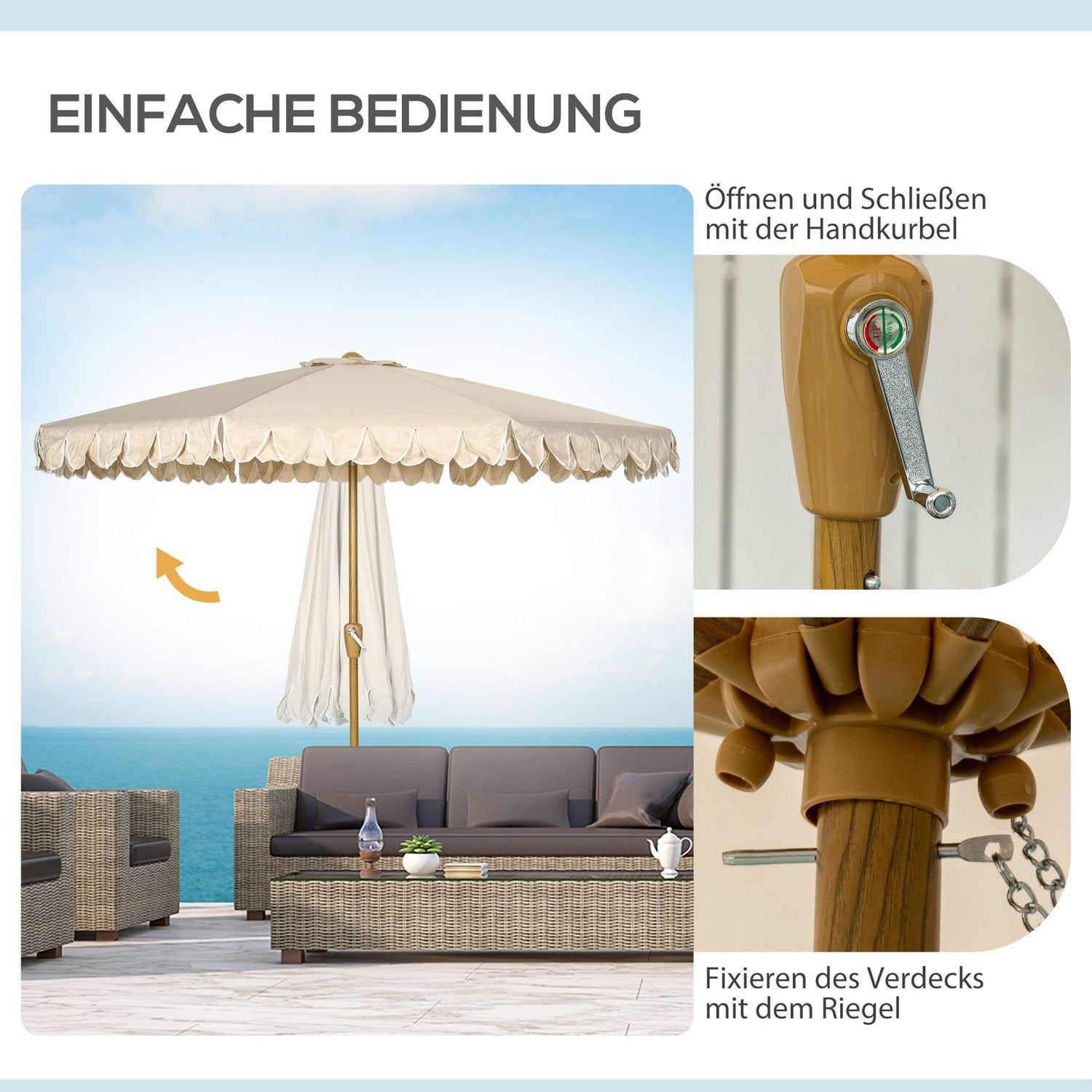 Parasol Diameter 265 Cm Strandparasol Med Frynser Gårdhave Parasol Med Justerbar Tilt 8 Støtter Til Havebalkon Khaki