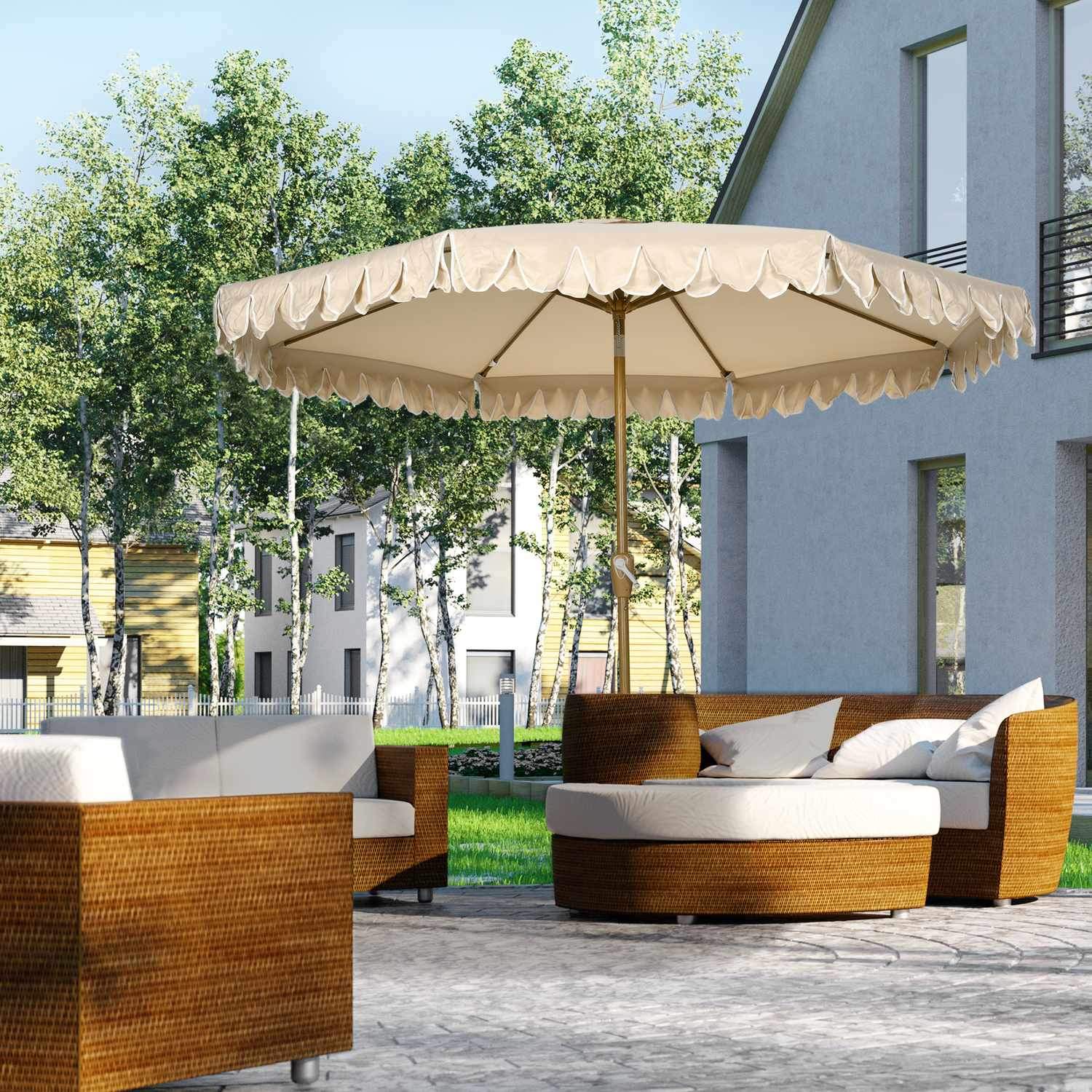 Parasol Diameter 265 Cm Strandparasol Med Frynser Gårdhave Parasol Med Justerbar Tilt 8 Støtter Til Havebalkon Khaki