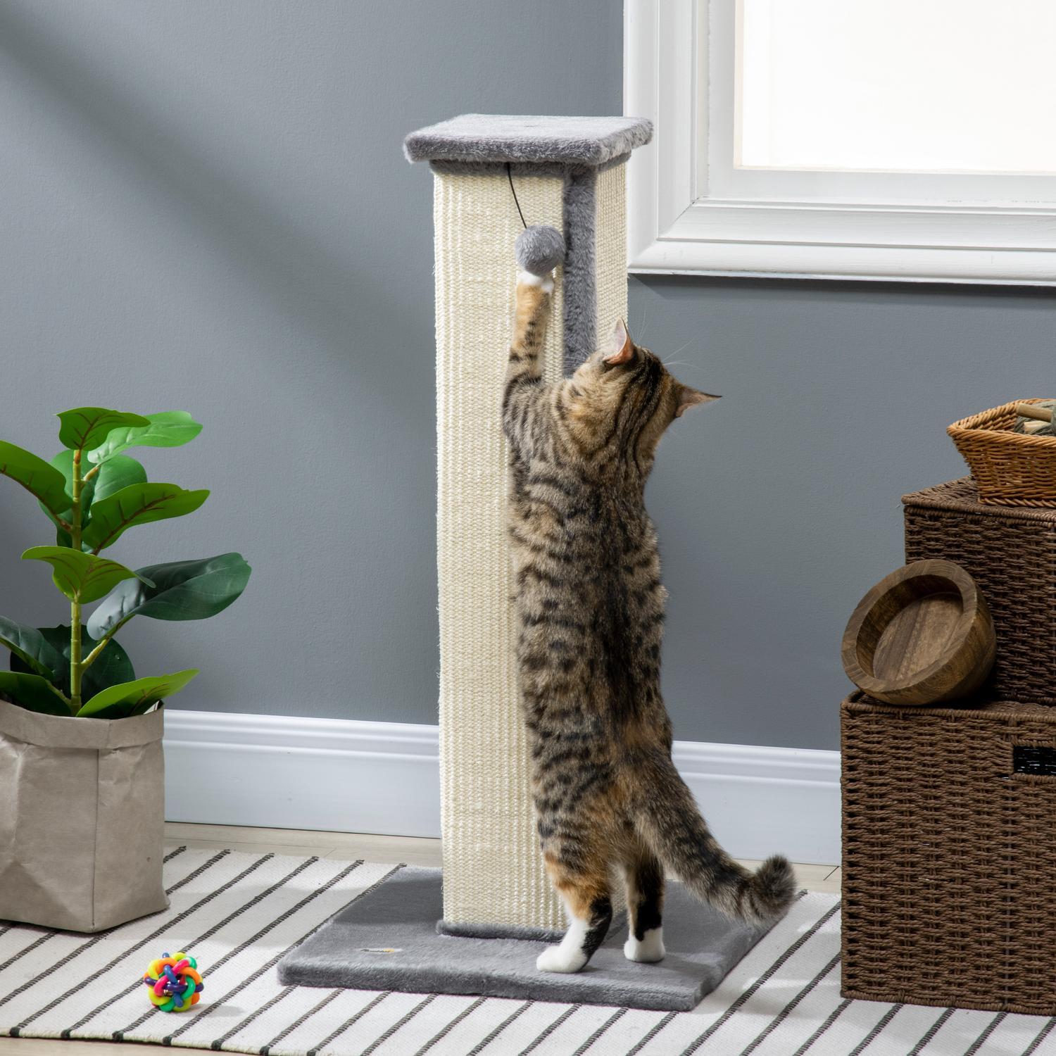 Kradsestolpe 81 cm høj kradsestolpe lavet af sisal med legebold, ideel til katte op til 5 kg, indendørs brug, i grå og creme