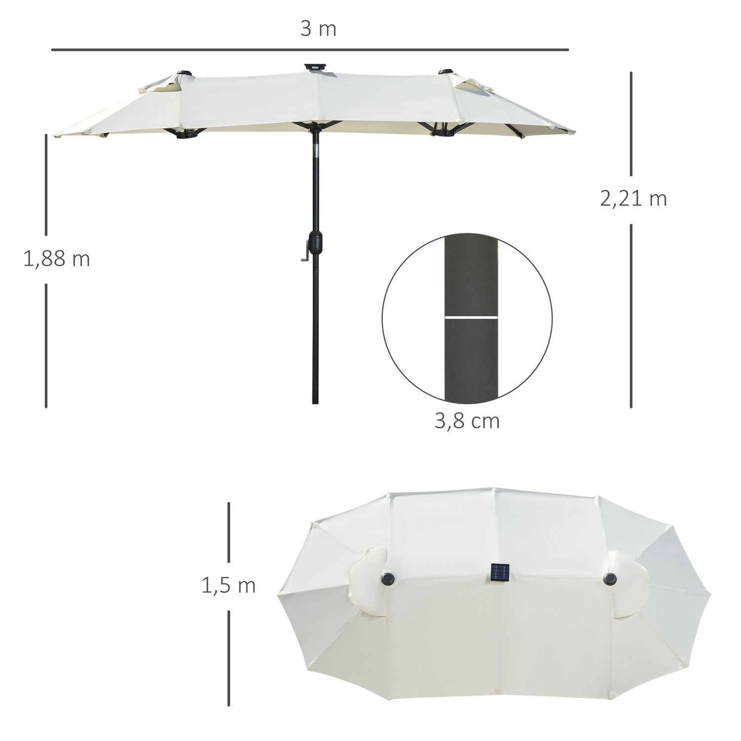 Parasol, 295 X 219 Cm Dobbelt Parasol, Haveparaply med led, markedsparaply med justerbar vippevinkel, polyester, stål, beige