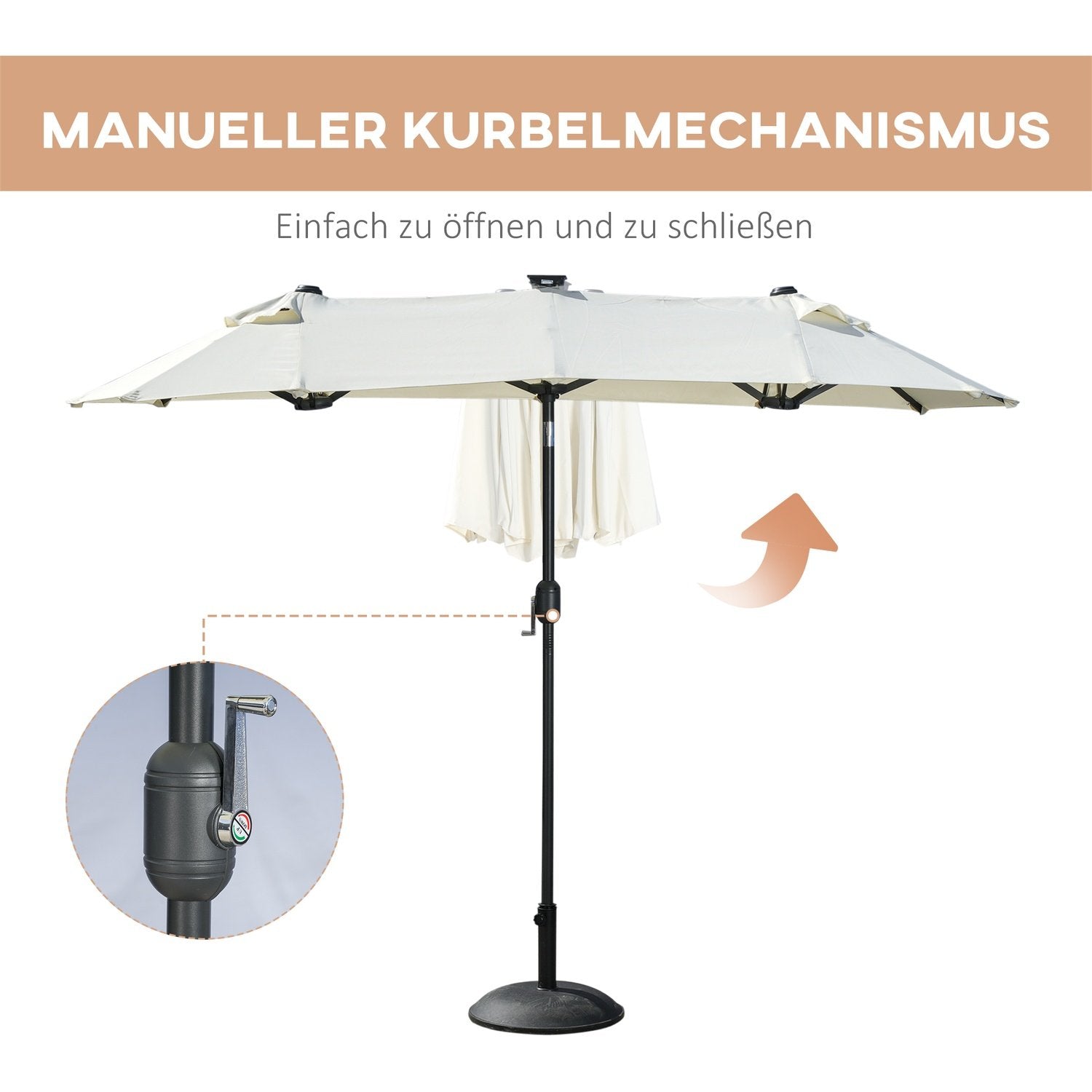 Parasol, 295 X 219 Cm Dobbelt Parasol, Haveparaply med led, markedsparaply med justerbar vippevinkel, polyester, stål, beige