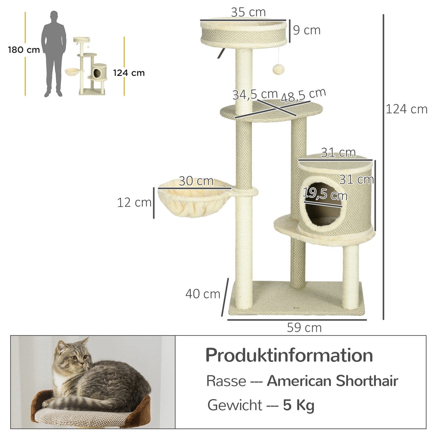 Kattekradsestolpe 124 cm med kurv og klatretårn til legebold, 2 liggeflader, til katte op til 5 kg