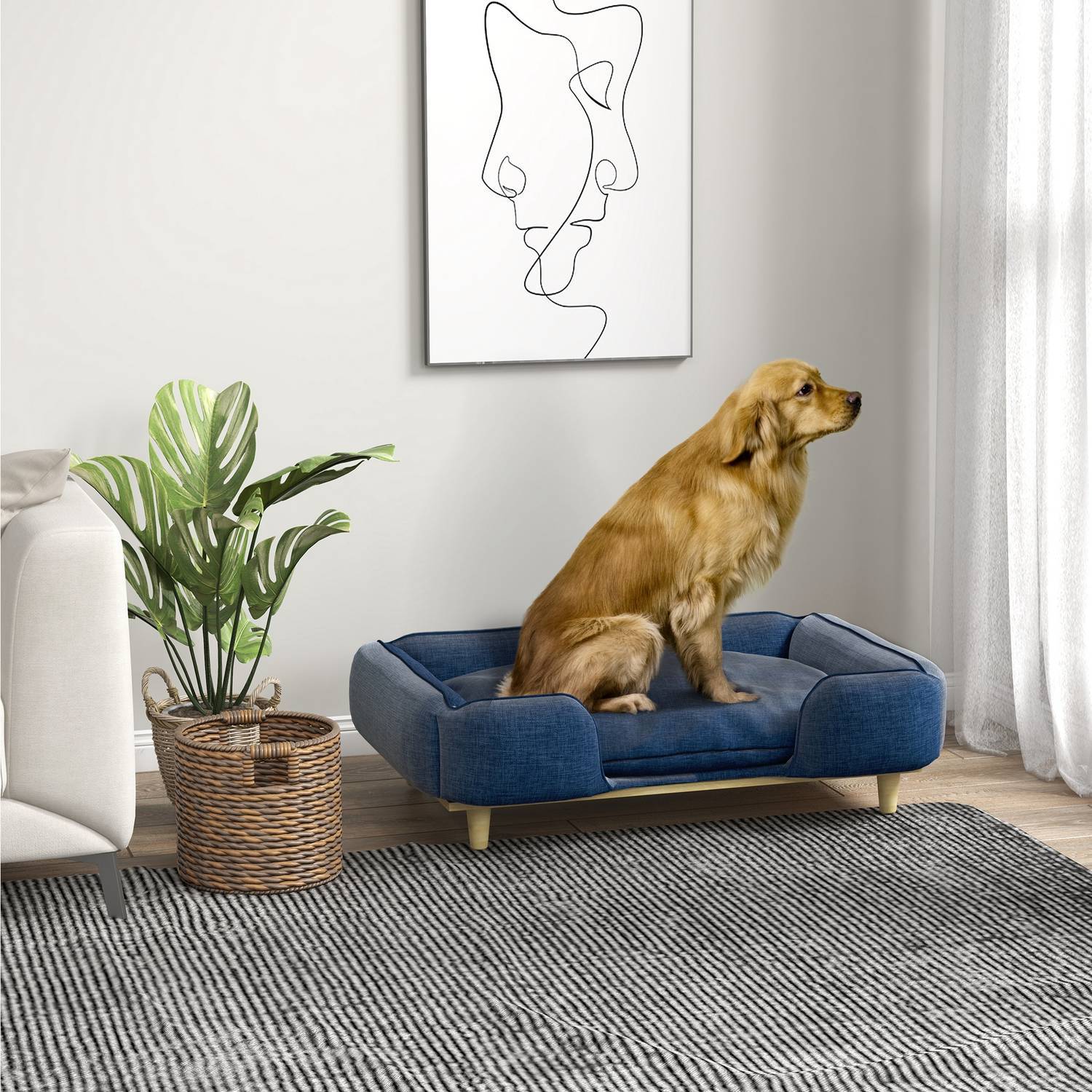 Hundeseng Hundepude Hundekurv Hundesofa Træben, Polyester, Mørkeblå, 96 X 66 X 24 Cm