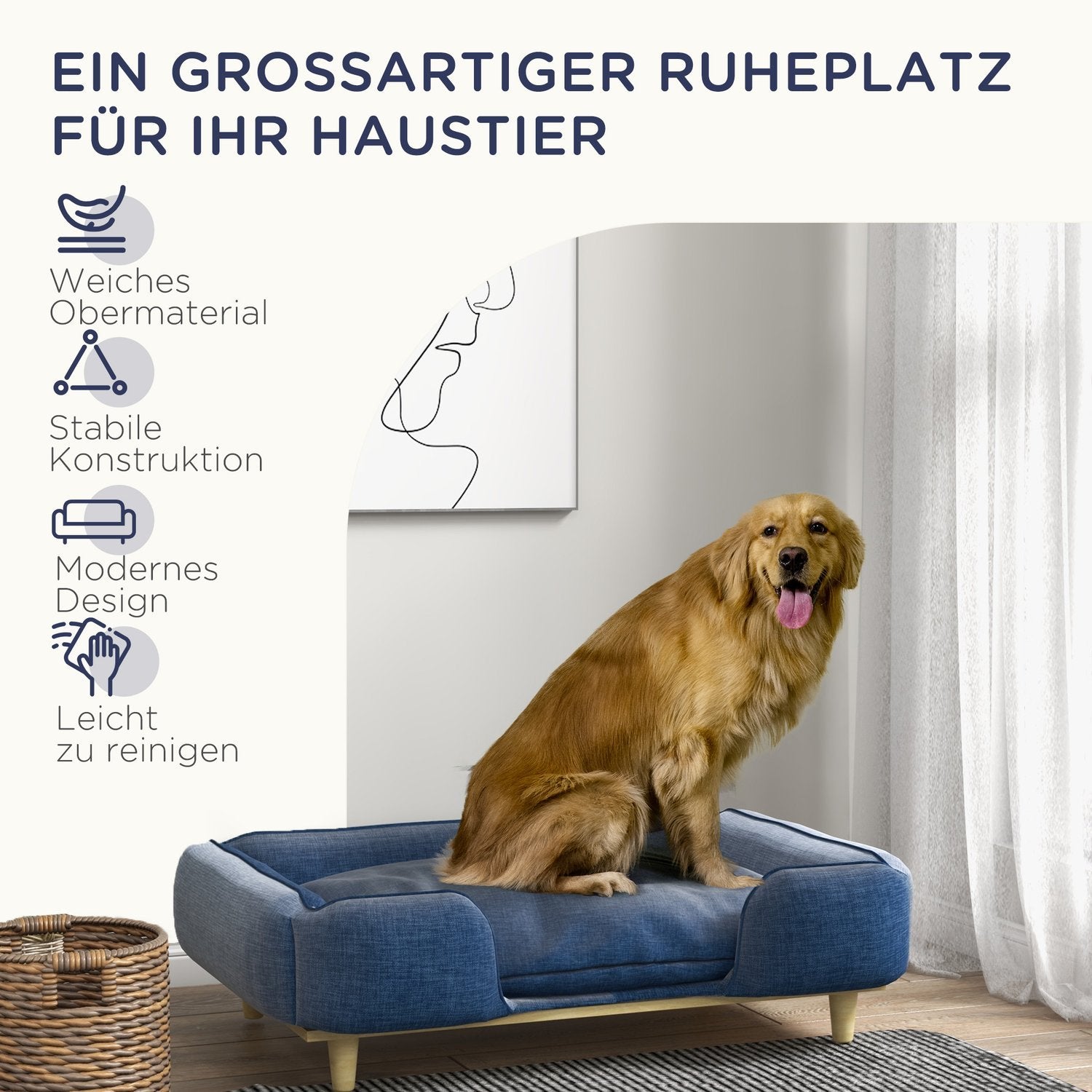 Hundeseng Hundepude Hundekurv Hundesofa Træben, Polyester, Mørkeblå, 96 X 66 X 24 Cm