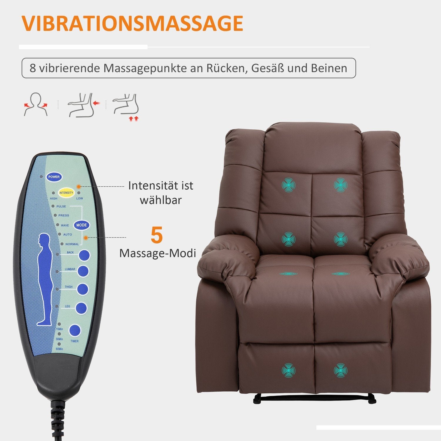 Massagestol, tv-stol, elektrisk afslapningsstol med massagefunktion, kunstlæder, træ, stål, skum, brun, 94 x 99 x 99 cm