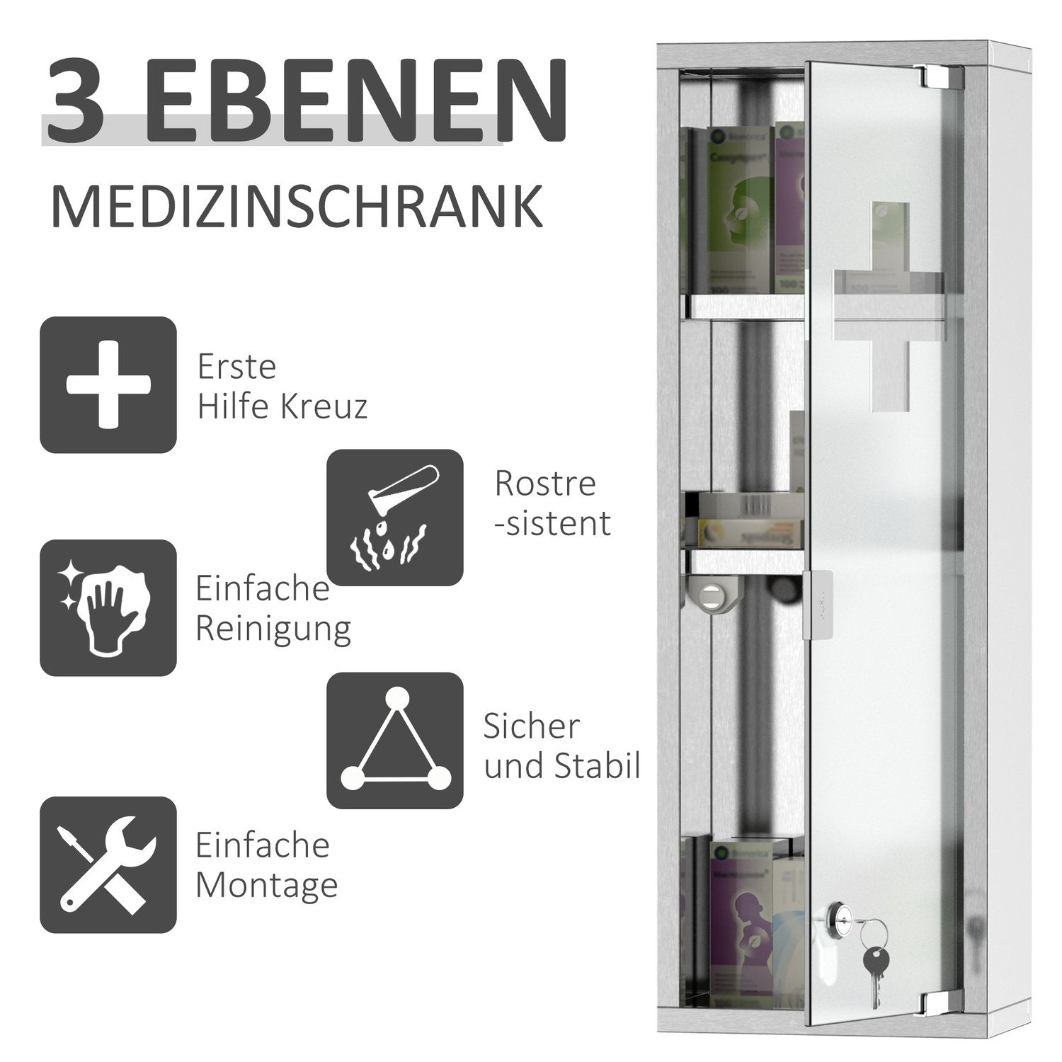 Medicinskab Førstehjælpsskab Frosted Glas Rustfrit Stål Sølv 20X12X58Cm