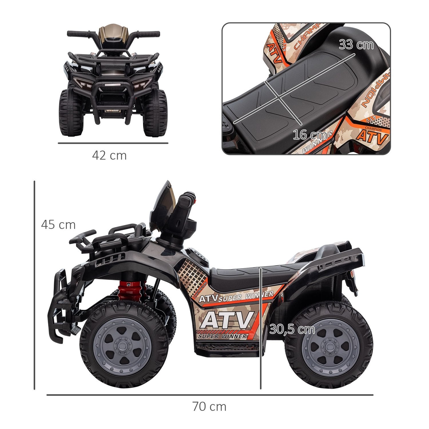 Mini Elektrisk Quad Børne El ATV Led Front Lys Børne Køretøj Til 18-36 Måneder Børn Metal Pp Plast Sort 70 X 42 X 45 Cm