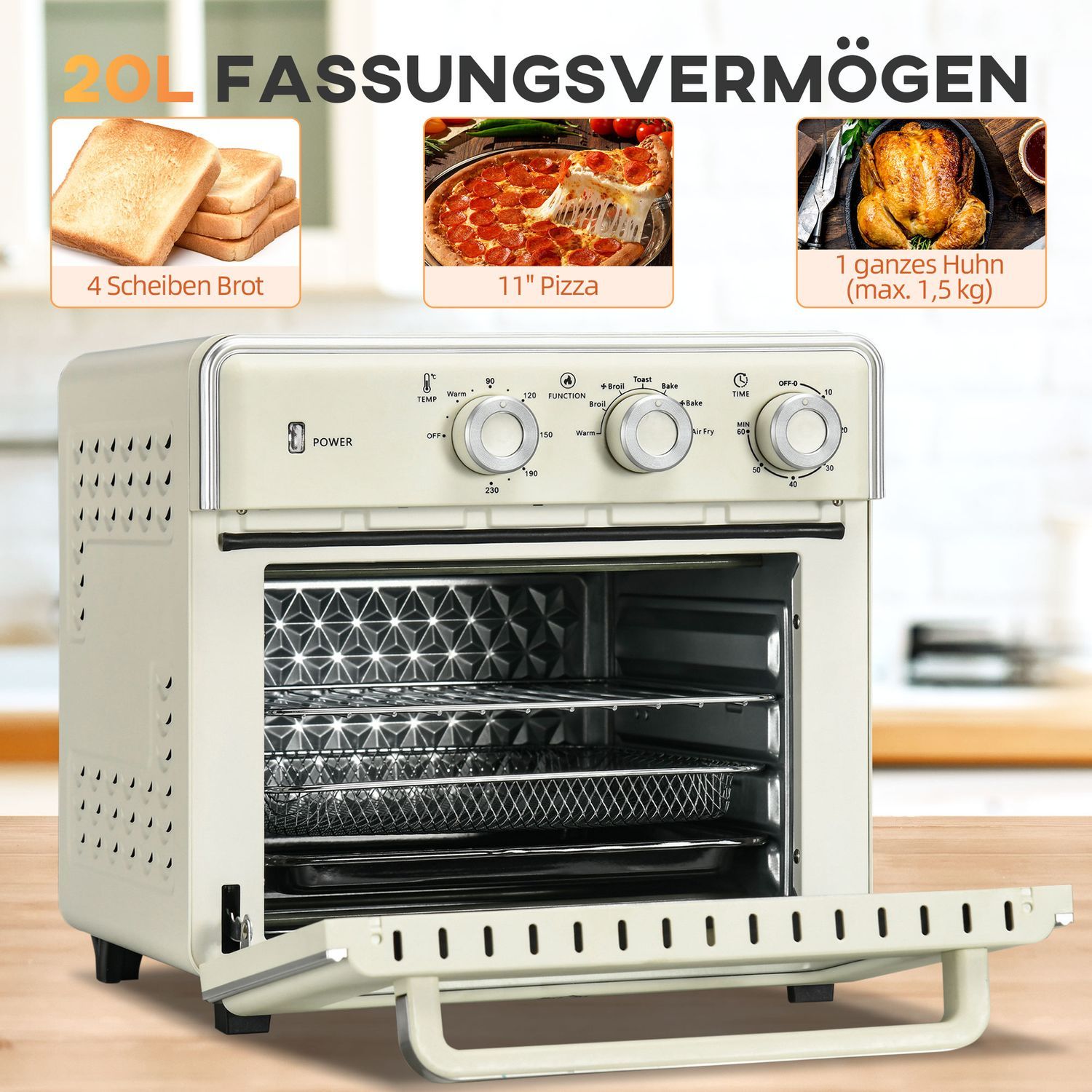 Miniugn Med Cirkulerande Luft 20L, 7 I 1 Pizzaugn Inklusive Bakplåtsset, Stekkorg, Smulplåt, 1 Timmes Timer, 1400 W, Gräddvit