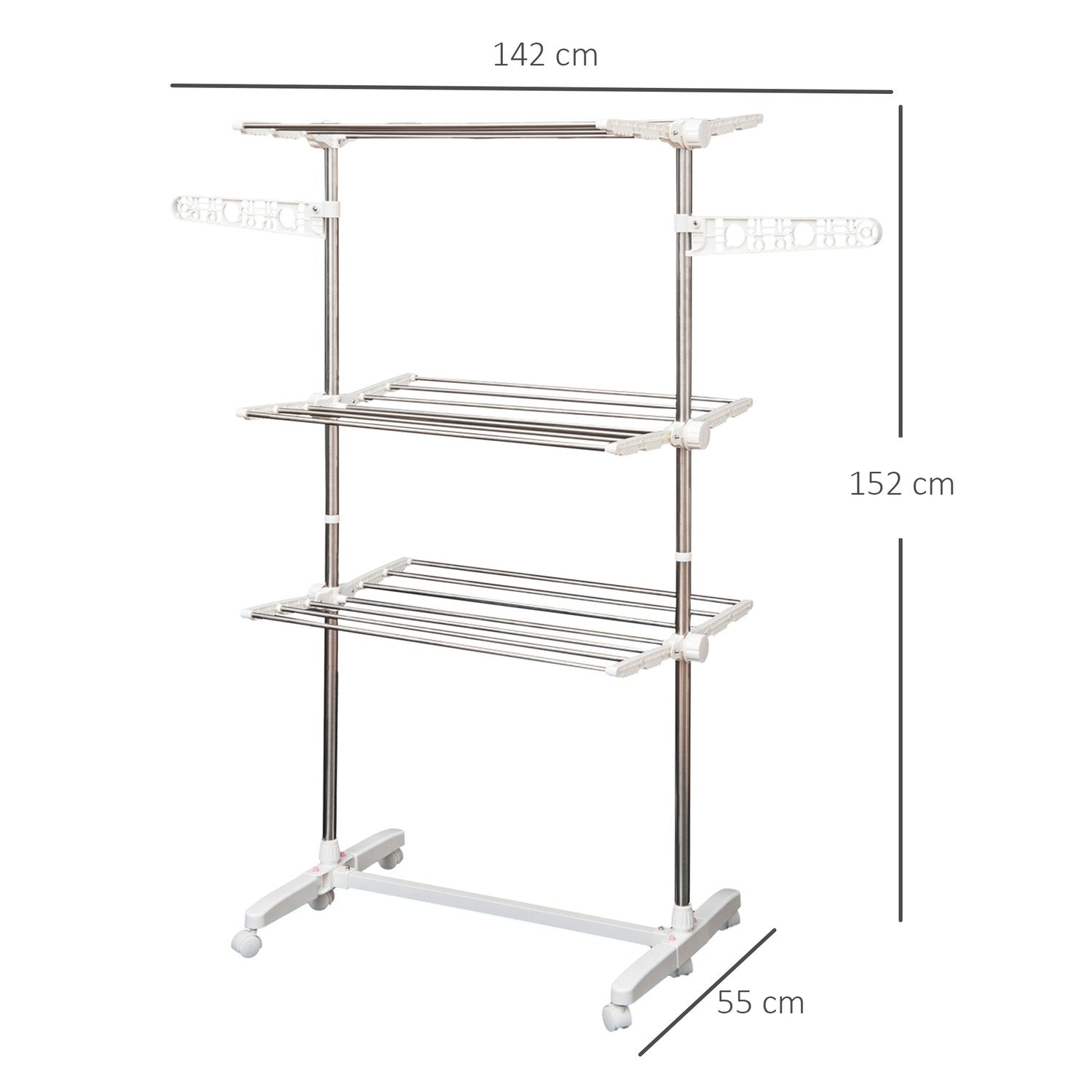 Mobilt tørrestativ 3 niveauer sammenklappelig rulle 80-142 X 55 X 152 cm