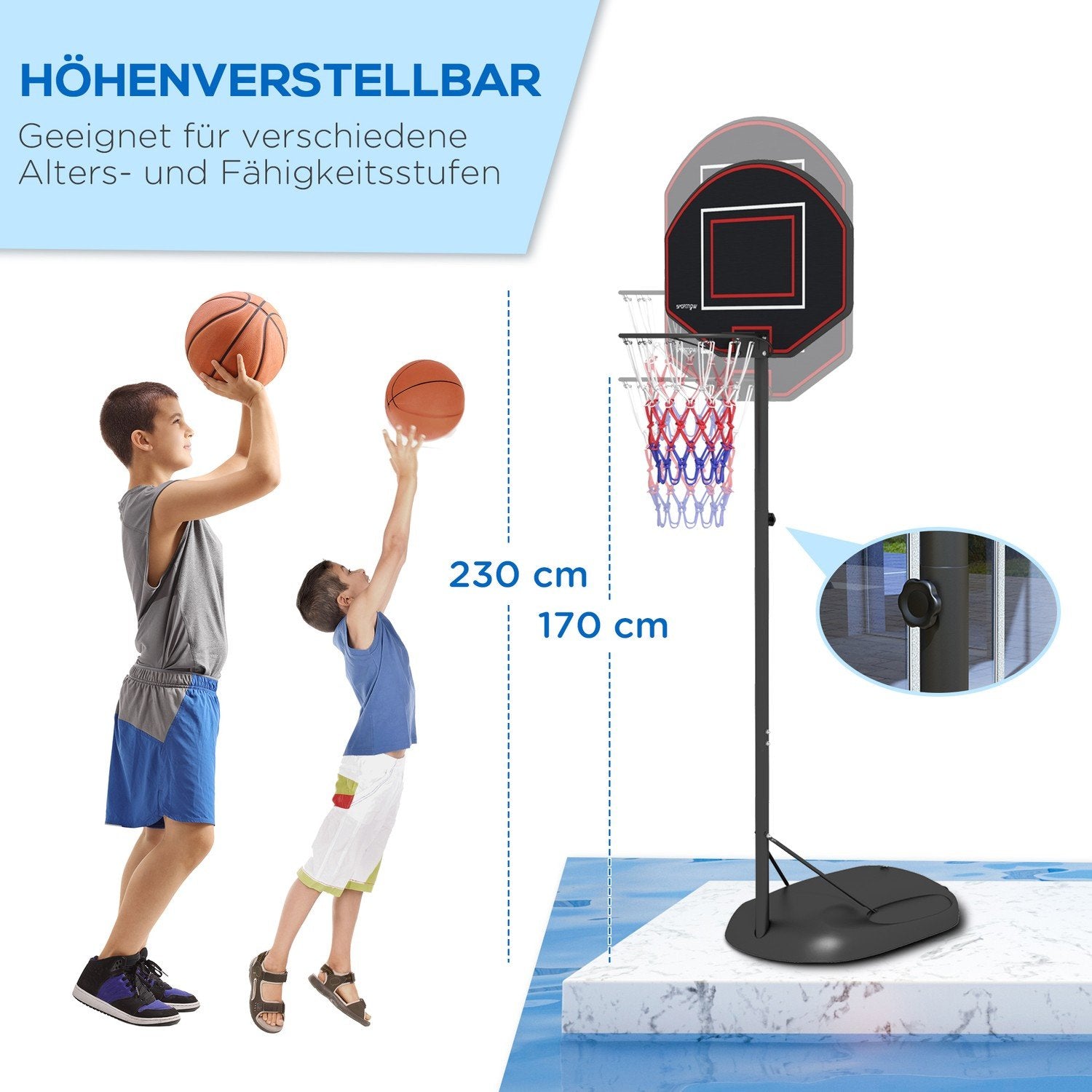 Basketball Bøjlestativ 221-282 cm Højdejusterbar stangsikker bagvæg Hjul Basketballsystem Voksne Stål Sort