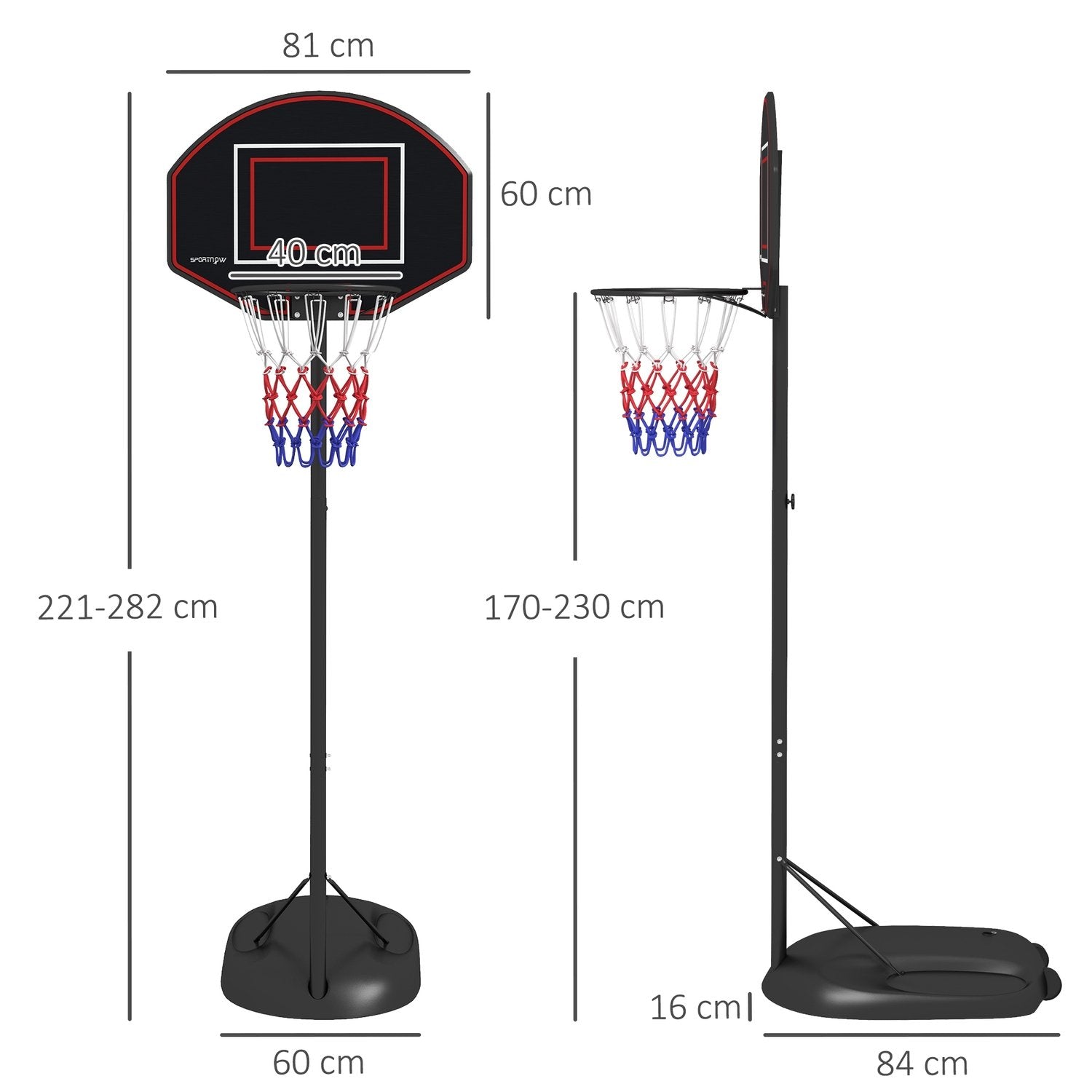 Basketball Bøjlestativ 221-282 cm Højdejusterbar stangsikker bagvæg Hjul Basketballsystem Voksne Stål Sort