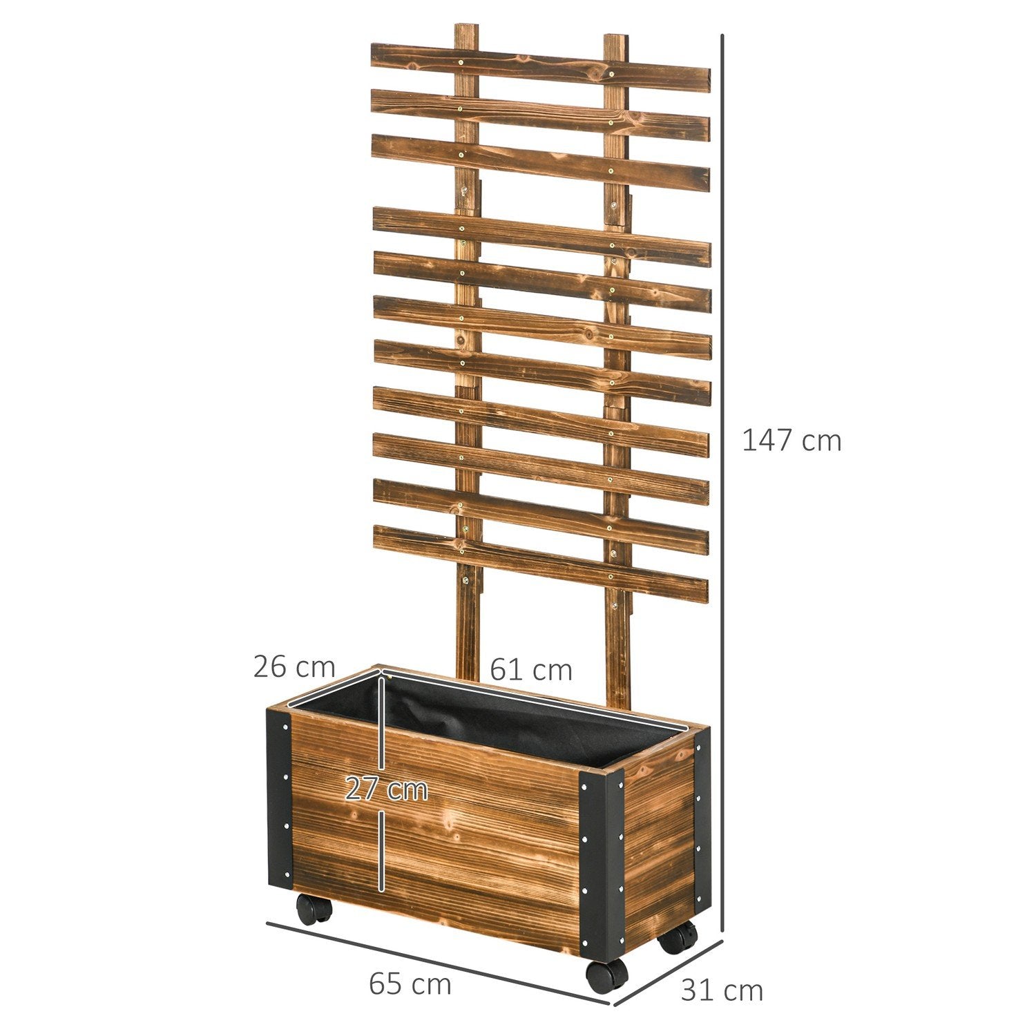 Højbed med espalier, blomsterkasse med hjul, plantekasse med espalier, til klatreplanter, lavet af træ, kulsyre, 65 X 31 X 147 Cm