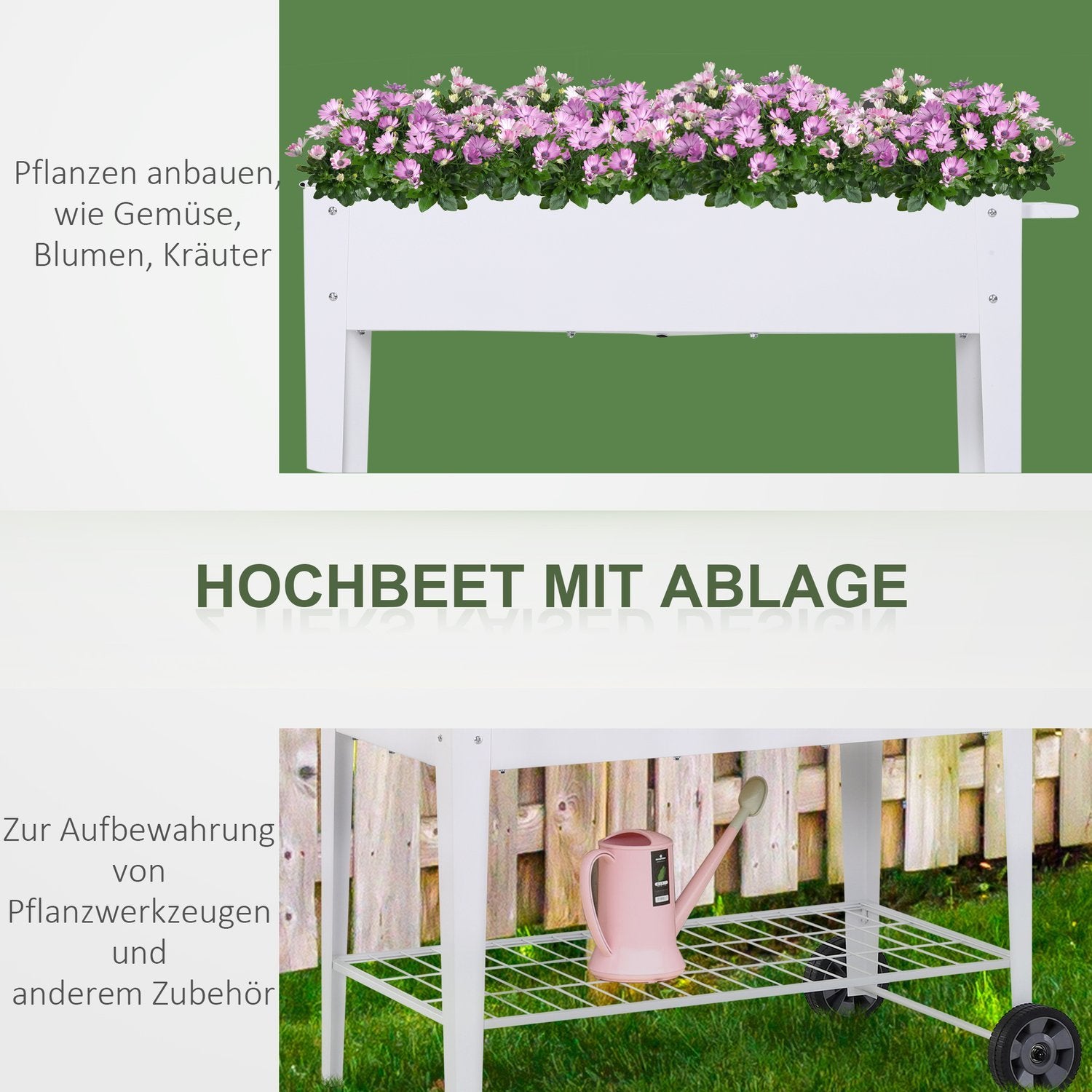 Højseng Mobil plantevogn med opbevaringsplads Planteseng med 2 hjul Metal Hvid 112 X 59 X 80 Cm