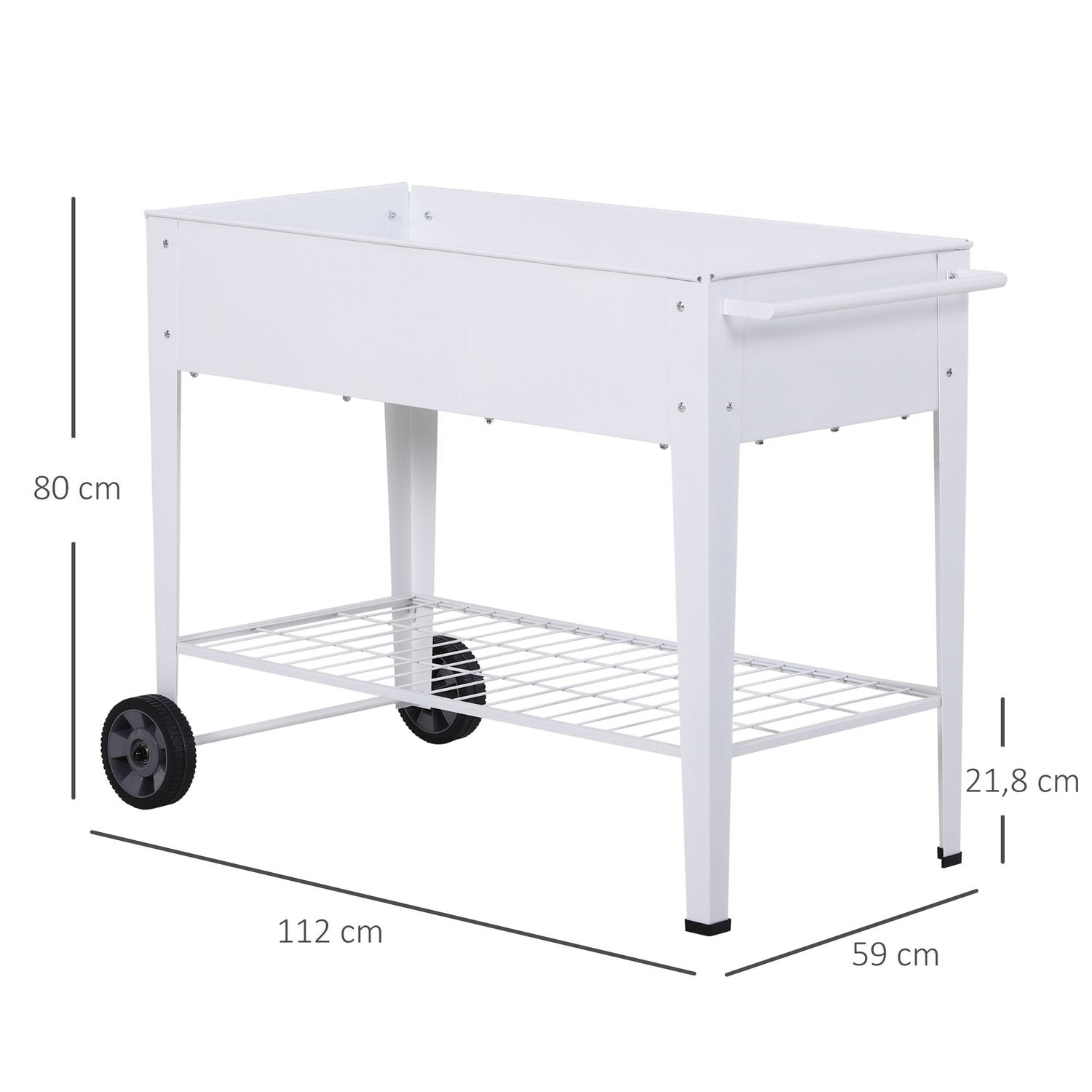 Højseng Mobil plantevogn med opbevaringsplads Planteseng med 2 hjul Metal Hvid 112 X 59 X 80 Cm